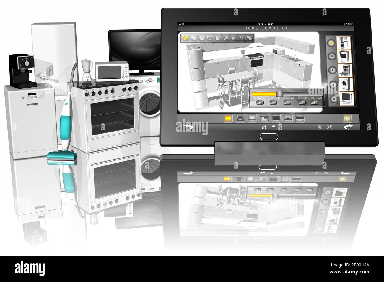 3D-Darstellung. Home Appliance Application Interface, Haushaltsgeräte und Küche. Stockfoto