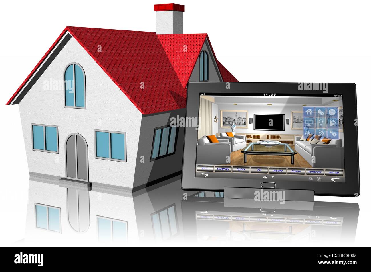 3D-Darstellung. Smartphone und Tablet mit Domotica Anwendungen. Home Automation Stockfoto