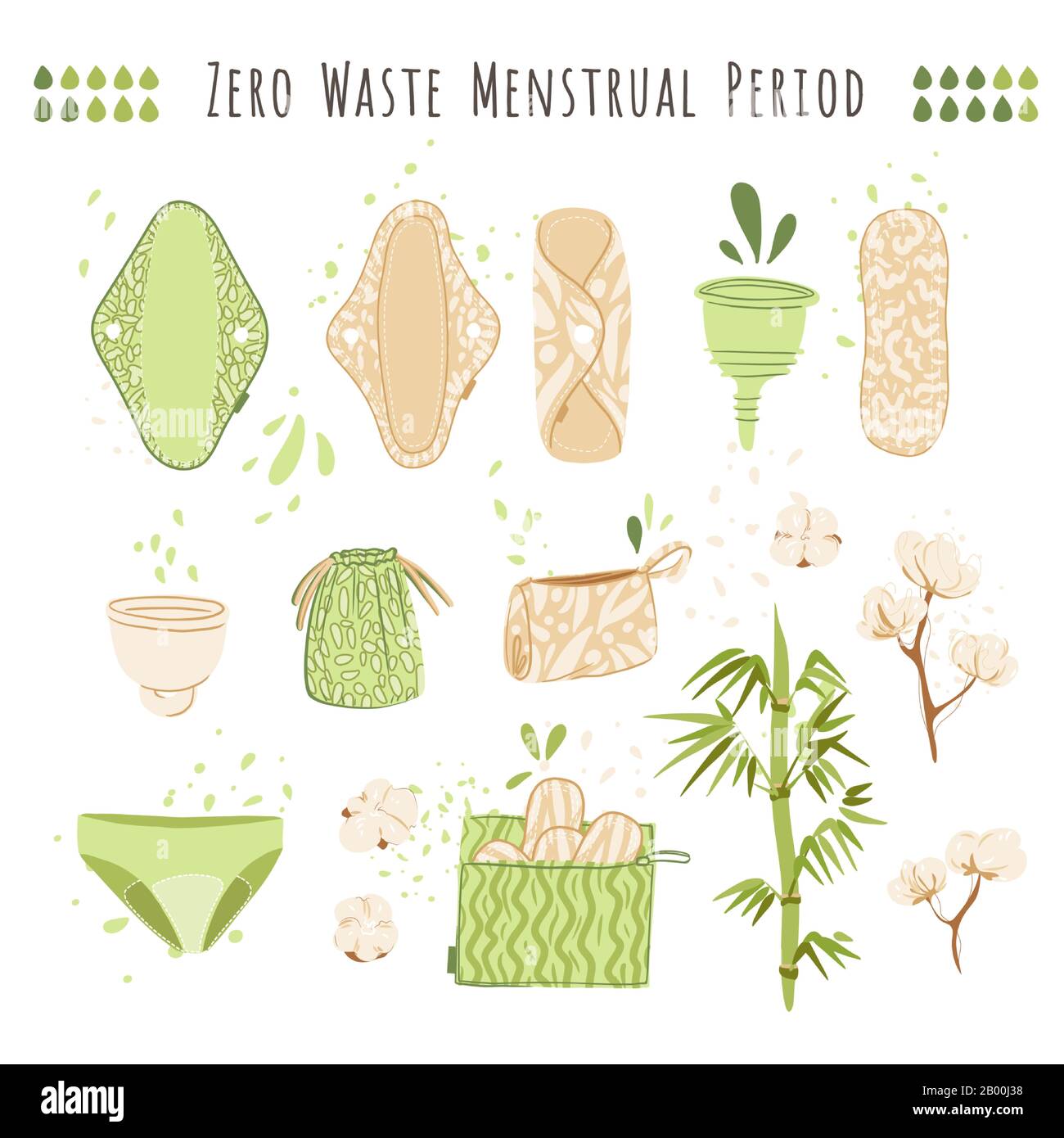 Zero Waste Woman Menstruation Vector Cartoon Flat Set mit umweltfreundlichen Produkten - wiederverwendbare Menstruationsbeläge, Tücher, Becher, Recyclingbeutel aus Baumwolle Stock Vektor