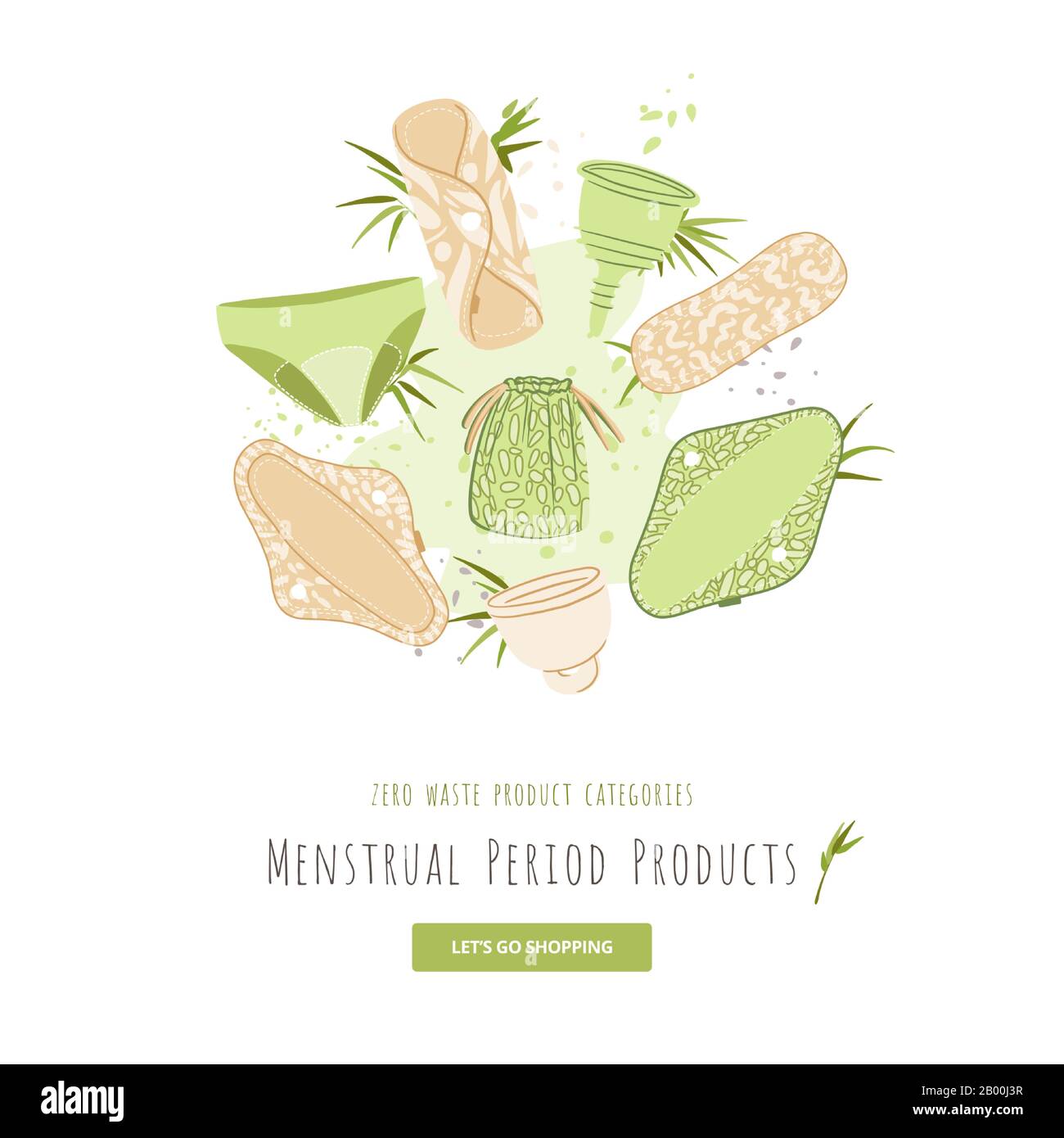 Zero Waste Woman Menstruation Vector Cartoon Flat Set für Produktkategorie mit umweltfreundlichen Produkten - Wiederverwendbare Menstruationspads, Tücher und Becher Stock Vektor