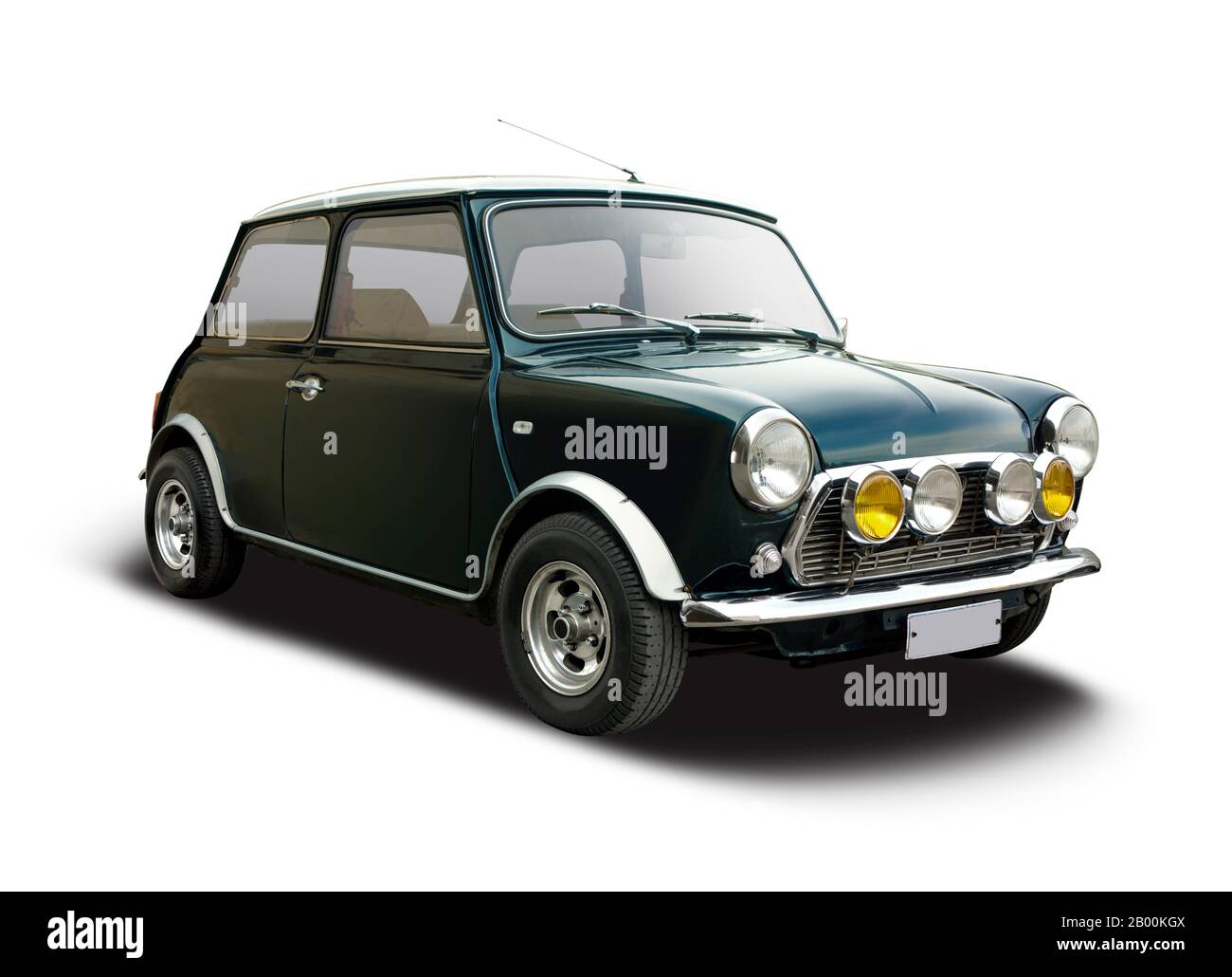 Klassische britische Mini Auto Seitenansicht isoliert auf weiss Stockfoto
