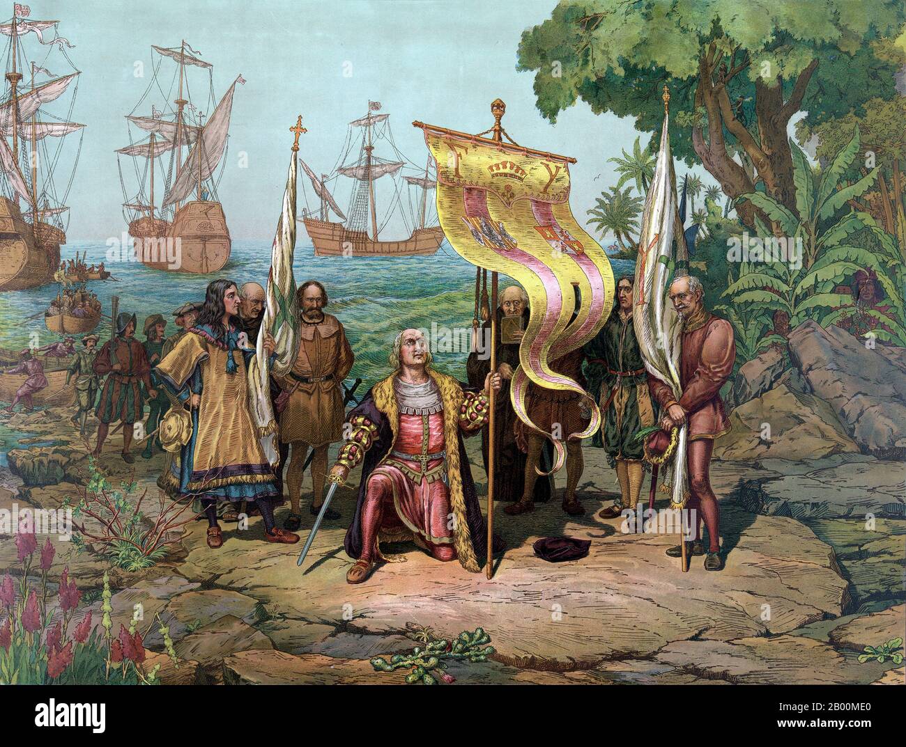 Italien: "Christoph Kolumbus (1451 – 1506) behauptet die "Neue Welt" für Spanien". Chromolithograph veröffentlicht im Jahr 1893. Christopher Columbus (c. 31. Oktober 1451 – 20. Mai 1506) war ein Seefahrer, Kolonisator und Forscher aus Genua, Italien, dessen Reisen über den Atlantischen Ozean führte zu allgemeinen europäischen Bewusstsein für die amerikanischen Kontinente in der westlichen Hemisphäre. Mit seinen vier Erkundungsreisen und mehreren Versuchen, eine Siedlung auf der Insel Hispaniola zu gründen, die alle von Isabella I. von Kastilien finanziert wurden, initiierte er den Prozess der spanischen Kolonisierung der "Neuen Welt". Stockfoto