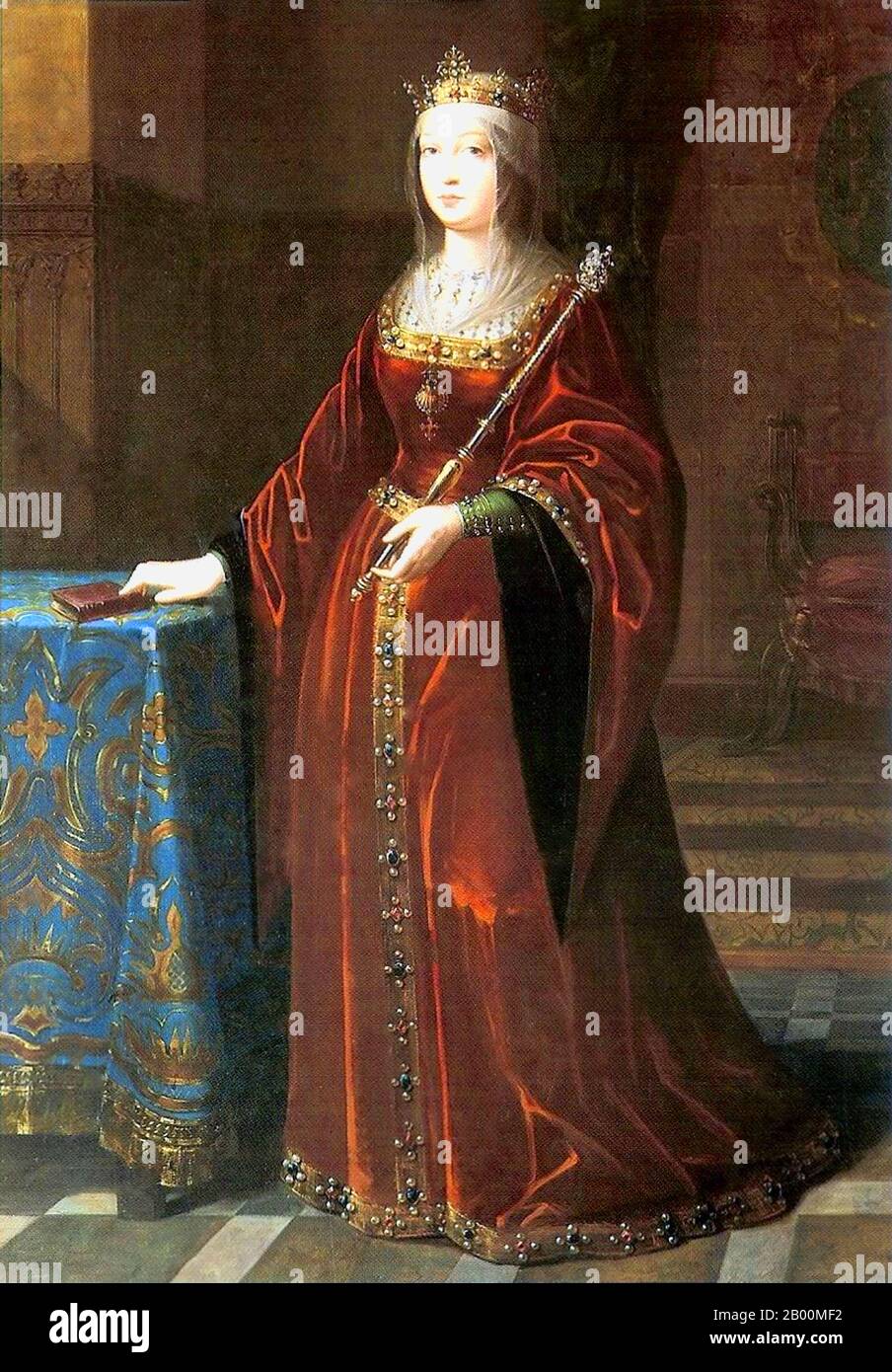 Spanien: "Isabella I. (1451-1504), Königin von Kastilien und Leon". Öl auf Leinwand Gemälde von Luis de Madrazo (1825-1897), c. 1848. Isabella I. (spanisch: Isabel I., Ysabel, als Elisabeth anglikiert) (22. April 1451-26. November 1504) war Königin von Kastilien und Leon. Sie und ihr Ehemann Ferdinand II von Aragon brachten Stabilität in beide Königreiche, die die Grundlage für die Vereinigung Spaniens wurde. Später legten die beiden unter ihrem Enkel Karl V., dem Heiligen Römischen Kaiser, den Grundstein für die politische Vereinigung Spaniens. Stockfoto
