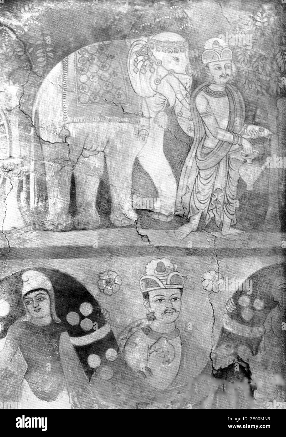 China: Gemälde von Vishvantara mit einem weißen Elefanten, Miran, Xinjiang. In der Antike war Miran ein geschäftiges Handelszentrum am südlichen Teil der Seidenstraße, nachdem die Route in zwei Teile geteilt wurde (die nördliche und die südliche Route), als Karawanen von Kaufleuten versuchten, durch die raue Wüste zu reisen (Von den Chinesen "das Meer des Todes" genannt) und das Tarimbecken. Es war auch ein blühendes Zentrum des Buddhismus mit vielen Klöstern und Stupas. Marc Aurel Stein war der erste Archäologe, der die Ruinen von Miran 1907 systematisch untersucht hat. Stockfoto