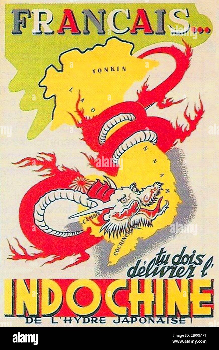 Vietnam: 'Franzosen, du musst Indochina vor der japanischen Hydra retten!' Französisch anti-japanische Propaganda Plakat, c. 1944. Die japanische Invasion der französischen Indochina, auch als Vietnam-Expedition bekannt, war ein Schritt des japanischen Imperiums im September 1940, während des Zweiten Chinesisch-Japanischen Krieges, um China daran zu hindern, Waffen und Treibstoff durch die französische Indochina zu importieren, Über die chinesisch-vietnamesische Eisenbahn vom Hafen Haiphong über Hanoi nach Kunming in Yunnan. Stockfoto