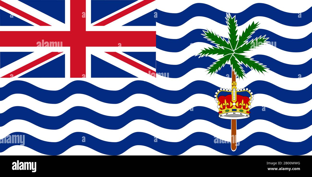 BIOT (Britisches Territorium im Indischen Ozean): BIOT-Flagge. Das Britische Territorium im Indischen Ozean (BIOT) oder Chagos-Inseln (früher die Ölinseln) ist ein Überseegebiet des Vereinigten Königreichs, das im Indischen Ozean liegt, auf halbem Weg zwischen Afrika und Indonesien. Das Gebiet umfasst eine Gruppe von sieben Atollen, die mehr als 60 einzelne Inseln umfassen und etwa 500 Kilometer (310 Meilen) südlich des Archipels der Malediven liegen. Die größte Insel ist Diego Garcia (Fläche 44 km Quadrat), der Ort einer gemeinsamen militärischen Anlage des Vereinigten Königreichs und der Vereinigten Staaten. Stockfoto