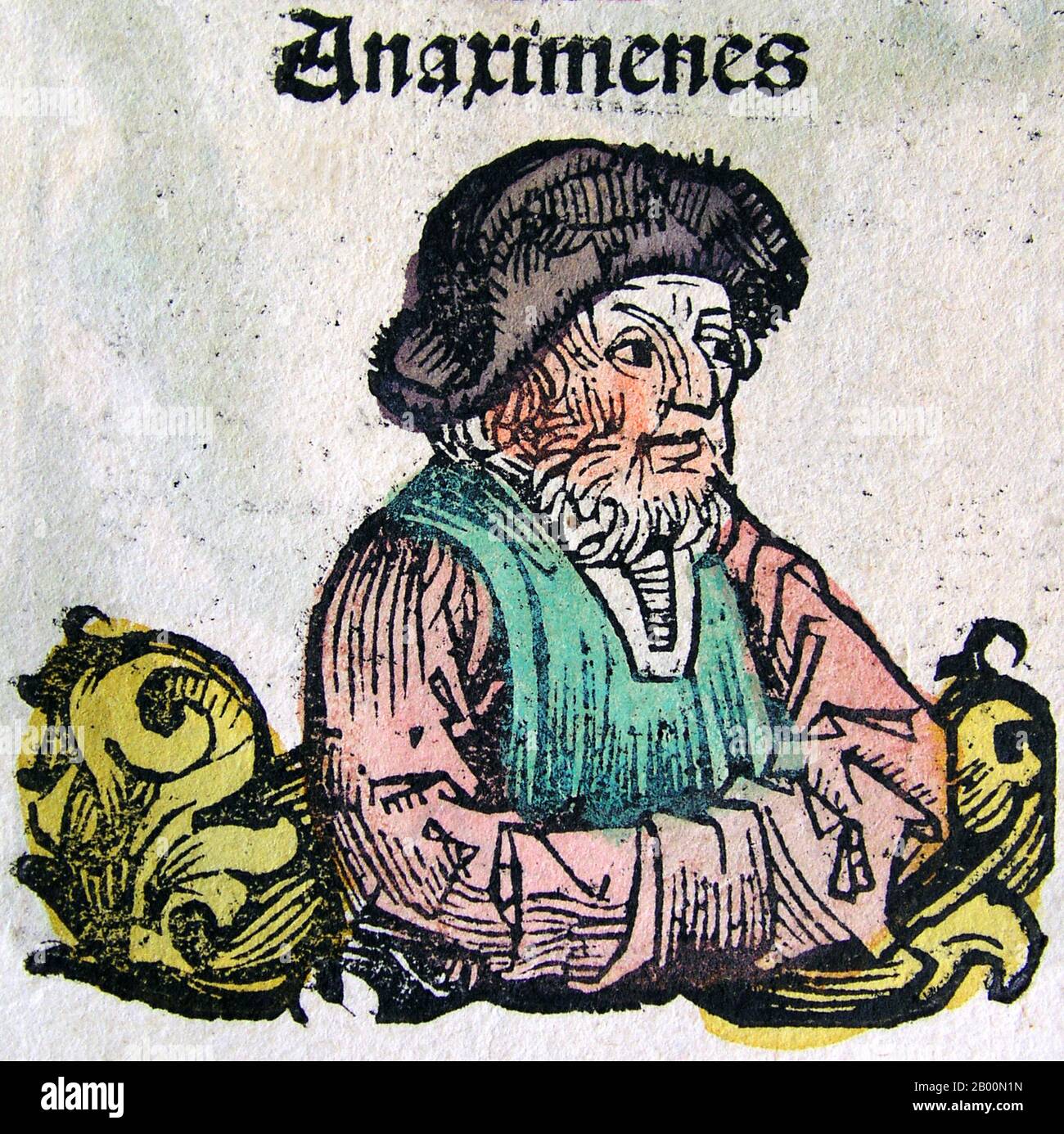 Deutschland: 'Anaximenes'. Die Nürnberger Chronik, von Hartmann Schedel (1440-1514), 1493. Die Nürnberger Chronik ist eine illustrierte Weltgeschichte. Seine Struktur folgt der Geschichte der menschlichen Geschichte, wie in der Bibel, es umfasst die Geschichten einer Reihe von wichtigen westlichen Städten. Geschrieben in Latein von Hartmann Schedel, mit einer Version in deutscher Übersetzung von Georg Alt, erschien es 1493. Es ist eines der am besten dokumentierten frühen gedruckten Bücher. Es wird als Inkunabulum klassifiziert – also als Buch, Broschüre oder Breitseite, das vor dem Jahr 1501 in Europa gedruckt (nicht handschriftlich) wurde. Stockfoto