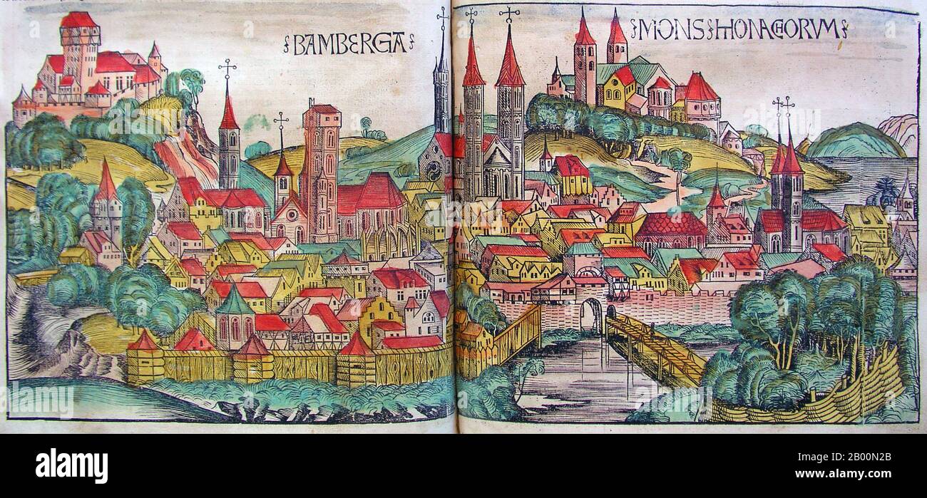 Deutschland: Bamberg. Die Nürnberger Chronik, von Hartmann Schedel (1440-1514), 1493. Die Nürnberger Chronik ist eine illustrierte Weltgeschichte. Seine Struktur folgt der Geschichte der menschlichen Geschichte, wie in der Bibel, es umfasst die Geschichten einer Reihe von wichtigen westlichen Städten. Geschrieben in Latein von Hartmann Schedel, mit einer Version in deutscher Übersetzung von Georg Alt, erschien es 1493. Es ist eines der am besten dokumentierten frühen gedruckten Bücher. Es wird als Inkunabulum klassifiziert – also als Buch, Broschüre oder Breitseite, das vor dem Jahr 1501 in Europa gedruckt (nicht handschriftlich) wurde. Stockfoto