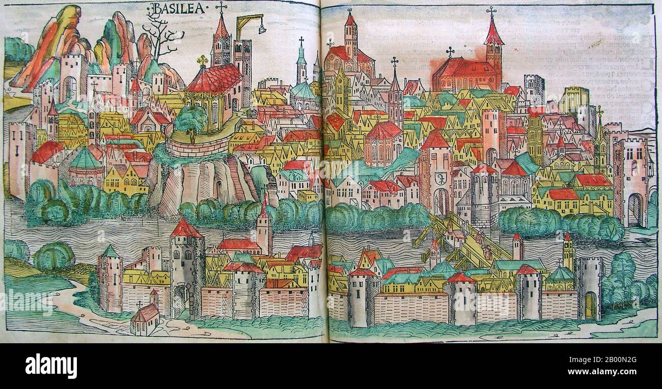Deutschland: 'Basel (Basilea)'. Die Nürnberger Chronik, von Hartmann Schedel (1440-1514), 1493. Die Nürnberger Chronik ist eine illustrierte Weltgeschichte. Seine Struktur folgt der Geschichte der menschlichen Geschichte, wie in der Bibel, es umfasst die Geschichten einer Reihe von wichtigen westlichen Städten. Geschrieben in Latein von Hartmann Schedel, mit einer Version in deutscher Übersetzung von Georg Alt, erschien es 1493. Es ist eines der am besten dokumentierten frühen gedruckten Bücher. Es wird als Inkunabulum klassifiziert – also als Buch, Broschüre oder Breitseite, das vor dem Jahr 1501 in Europa gedruckt (nicht handschriftlich) wurde. Stockfoto