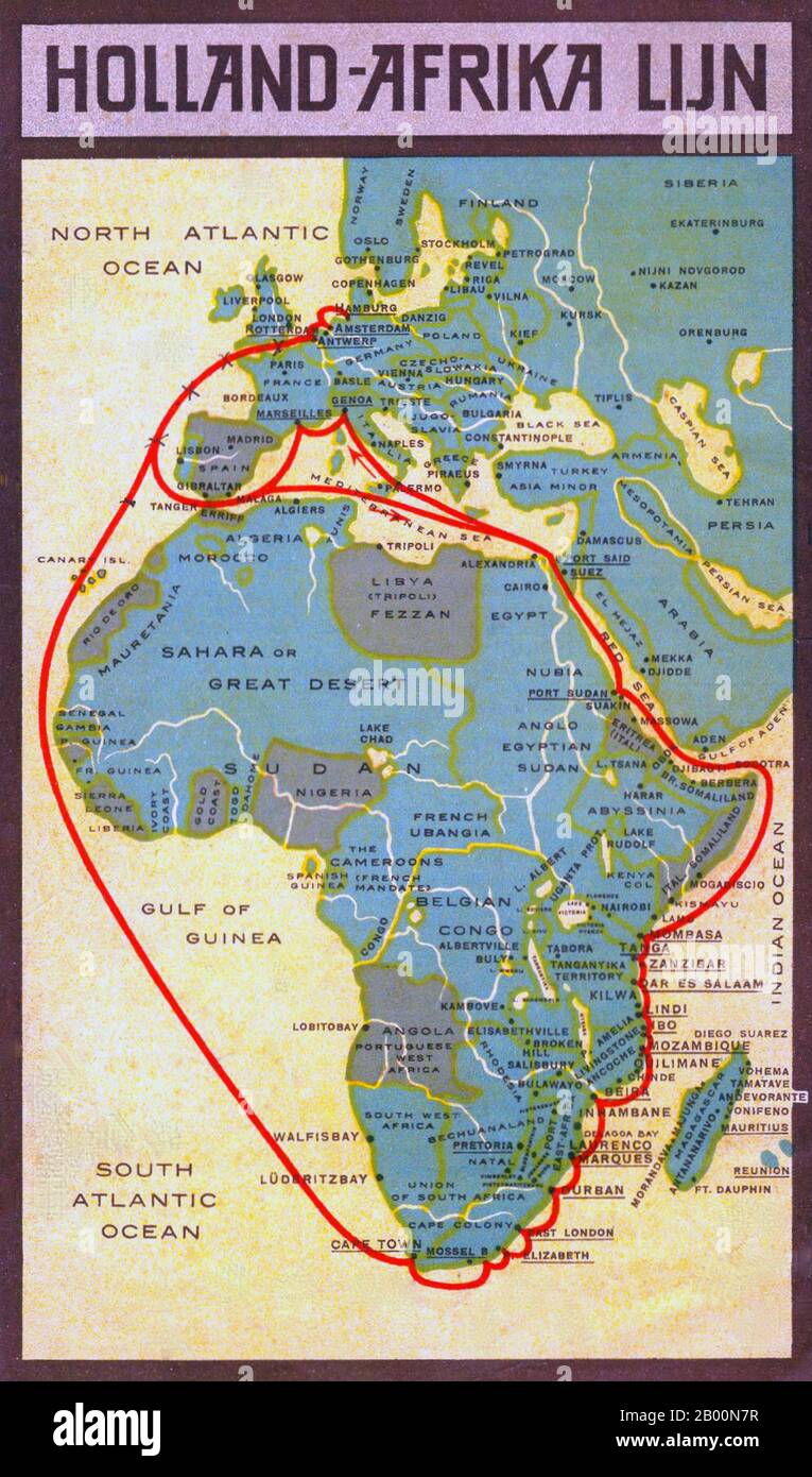 Niederlande: Werbeplakat für die Niederländische Holland-Afrika Linie, Amsterdam, c. 1935. Werbeplakat für die holländische Holland-Afrika Linie. Die Holland-Afrika-Linie wurde in Nedlloyd zusammengefasst, eine niederländische Reederei, die 1970 als Nederlandsche Scheepvaart Unie (NSU) in einer Fusion mehrerer Reedereien gegründet wurde. Stockfoto