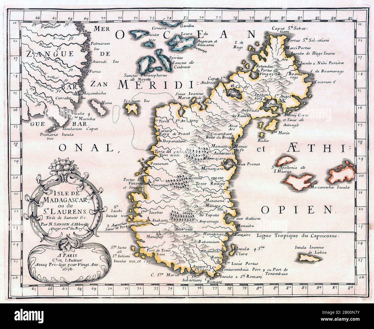 Madagaskar: Eine Karte von Französisch-Ostindien aus dem Jahr 1656. Madagaskar war der Schauplatz der Aktivitäten der französischen Ostindien-Kompanie. Die französische Ostindien-Gesellschaft (französisch: La Compagnie Française des Indes Orientales oder Compagnie Française pour le Commerce des Indes Orientales) war ein Handelsunternehmen, das 1664 gegründet wurde, um mit den britischen und niederländischen Ostindien-Unternehmen im kolonialen Indien zu konkurrieren. Stockfoto