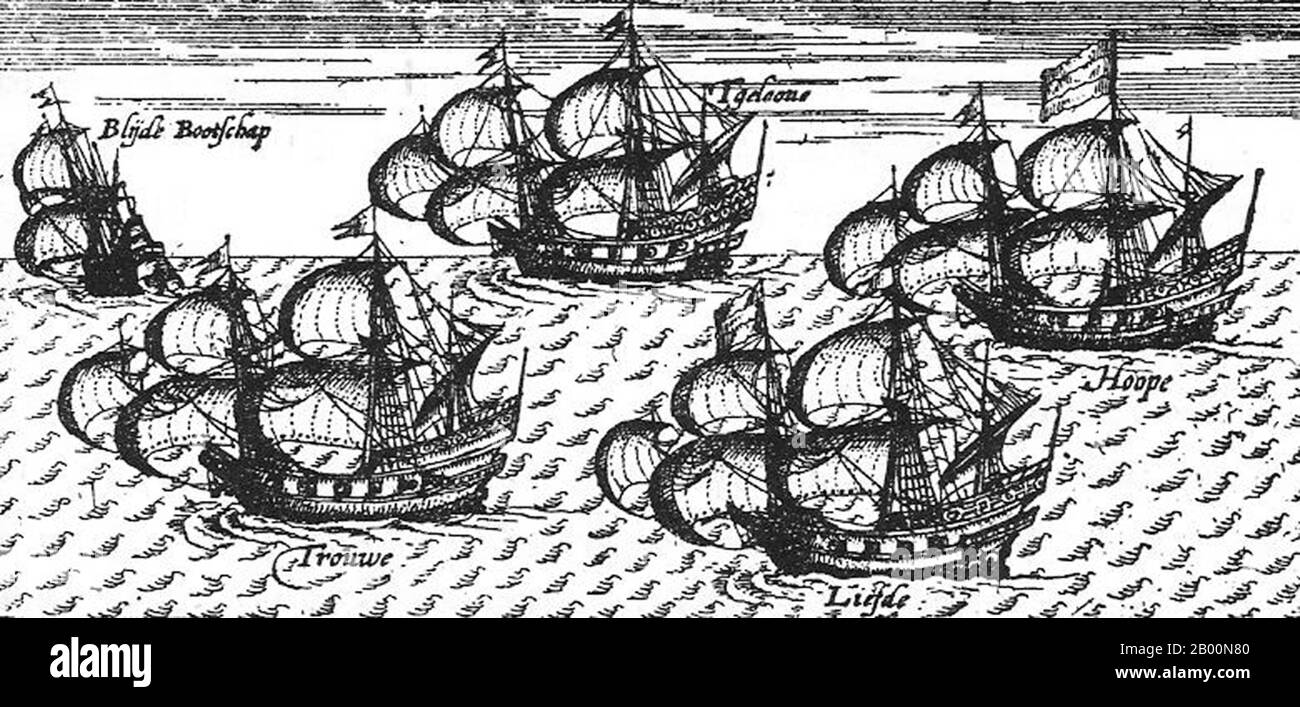 Niederlande: Die Liefde, William Adams Schiff. Gravur aus dem 17. Jahrhundert. William Adams (1564-1620) war auf einem holländischen Schiff der erste Engländer, der Japan besuchte. William Adams (24. September 1564 – 16. Mai 1620), auch auf Japanisch als Anjin-sama (anjin, 'Pilot'; sama, ein japanischer Ehrentitel) und Miura Anjin bekannt, war ein englischer Navigator, der nach Japan reiste und wird geglaubt, der erste Engländer zu sein, der dieses Land überhaupt erreichte. Er war die Inspiration für die Figur von John Blackthorne in James Clavells Bestseller-Roman Shōgun. Stockfoto