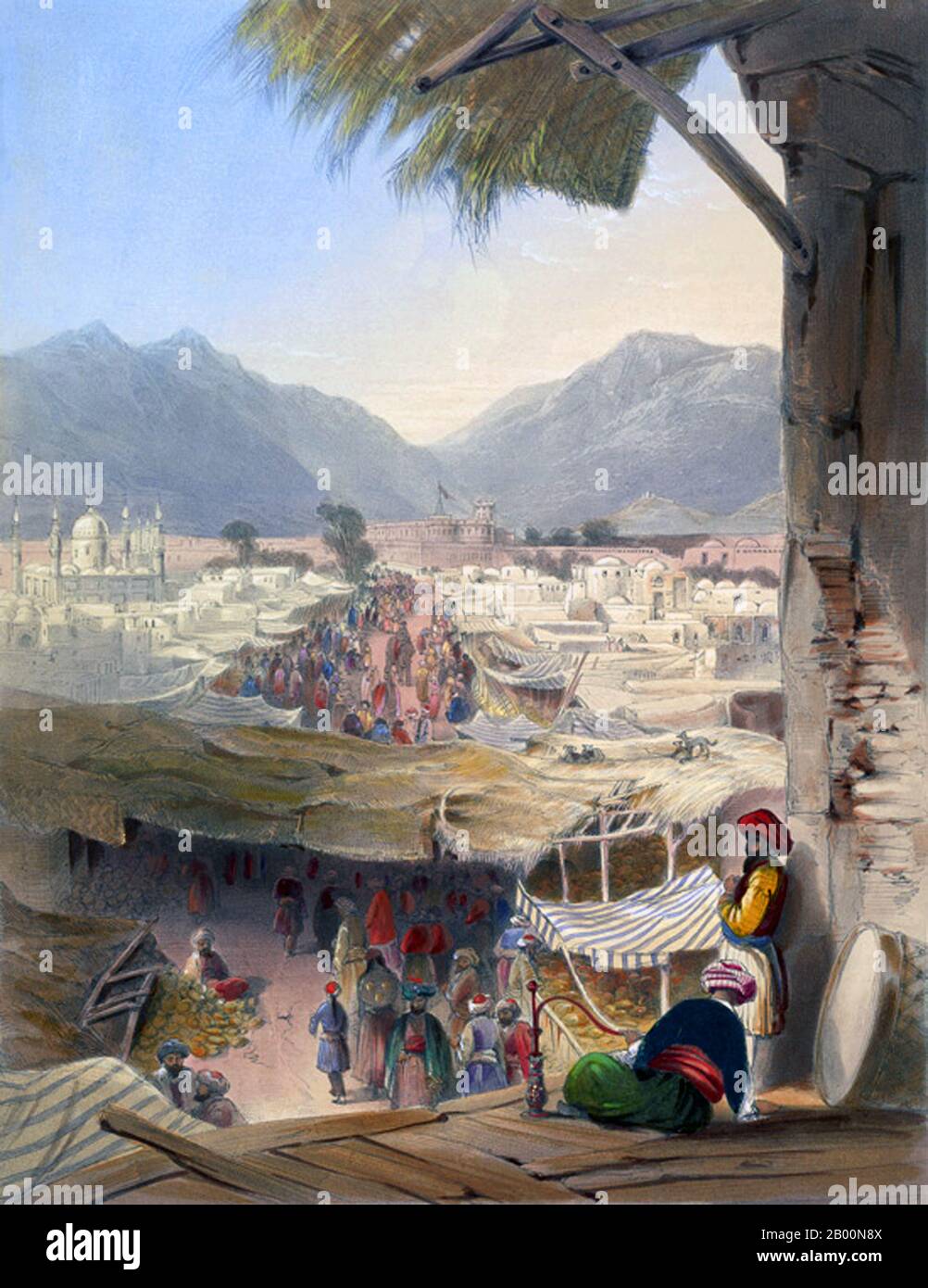 Afghanistan: 'Stadt Kandahar, ihr wichtigster Basar und Zitadelle, aus der Nakkara Khauna'. Lithographieplatte 28 aus dem Buch 'Afghaunistan' von James Rattray (1818-1854), 1848. Kandahar (Altgriechisch, Alexandria Arachosia) ist die zweitgrößte Stadt in Afghanistan, mit einer Bevölkerung von etwa 468,200 ab 2006. Es ist die Hauptstadt der Provinz Kandahar, im Süden des Landes auf etwa 1,005 m (3,297 Fuß) über dem Meeresspiegel gelegen. Der Arghandab-Fluss verläuft im Westen der Stadt. Stockfoto