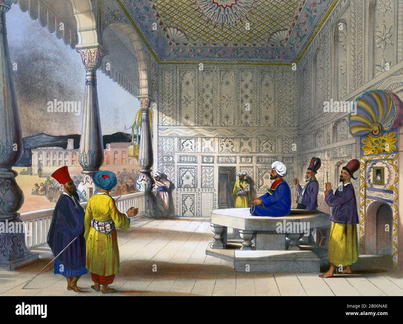 Afghanistan: 'Das Innere des Palastes von Shauh Shujah Ool Moolk, dem verstorbenen König von Caubul'. Lithographieplatte 3 aus 'Afghaunistan' von James Rattray (1818-1854), 1848. Shuja Shah Durrani (auch bekannt als Shah Shujah, Shoja Shah, Shujah al-Mulk) (c. 4. November 1785 – 5. April 1842) war Herrscher des Durrani-Reiches von 1803 bis 1809. Er regierte dann von 1839 bis zu seinem Tod im Jahr 1842. Shuja Shah gehörte der Sadozai-Linie der Abdali-Gruppe von Paschtunen an. Er wurde der fünfte Emir Afghanistans. Stockfoto
