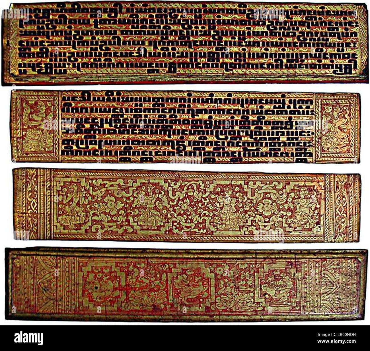 Myanmar / Burma: Pali-Schrift. Kammavaca in Pali, Burma, 19. Jahrhundert. Pali (auch Pāḷi) ist eine mittelindisch-arische Sprache, die in der Prakrit-Sprachgruppe liegt und auf dem indischen Subkontinent heimisch war. Es ist eine tote Sprache, die weithin studiert wird, weil es die Sprache vieler der frühesten erhaltenen buddhistischen Schriften ist, wie sie im Pāḷi-Kanon oder Tipitaka gesammelt wurden, Und es ist die liturgische Sprache des Theravada Buddhismus, wie sie in Myanmar / Burma, Thailand, Laos, Kambodscha und Sri Lanka praktiziert wird. Stockfoto
