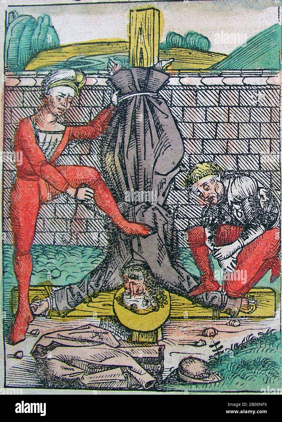 Deutschland: "Kreuzigung des Apostels Petrus". Die Nürnberger Chronik, von Hartmann Schedel (1440-1514), 1493. Die Nürnberger Chronik ist eine illustrierte Weltgeschichte. Seine Struktur folgt der Geschichte der menschlichen Geschichte, wie sie in der Bibel, einschließlich der Geschichte einer Reihe von wichtigen westlichen Städten. Geschrieben in Latein von Hartmann Schedel, mit einer Version in deutscher Übersetzung von Georg Alt, erschien es 1493. Es ist eines der am besten dokumentierten frühen gedruckten Bücher. Es wird als Inkunabulum, ein Buch, Pamphlet oder Breitseite klassifiziert, das vor dem Jahr 1501 in Euro gedruckt (nicht handschriftlich) wurde Stockfoto