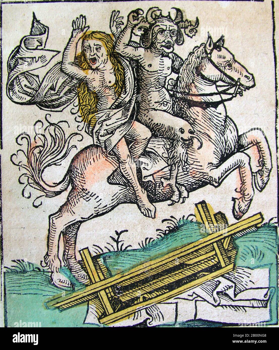 Deutschland: 'Der Teufel und eine Frau zu Pferd'. Die Nürnberger Chronik, von Hartmann Schedel (1440-1514), 1493. Die Nürnberger Chronik ist eine illustrierte Weltgeschichte. Seine Struktur folgt der Geschichte der menschlichen Geschichte, wie sie in der Bibel, einschließlich der Geschichte einer Reihe von wichtigen westlichen Städten. Geschrieben in Latein von Hartmann Schedel, mit einer Version in deutscher Übersetzung von Georg Alt, erschien es 1493. Es ist eines der am besten dokumentierten frühen gedruckten Bücher. Es wird als Inkunabulum, ein Buch, Broschüre oder Breitseite klassifiziert, das vor dem Jahr 1501 gedruckt (nicht handschriftlich) wurde. Stockfoto