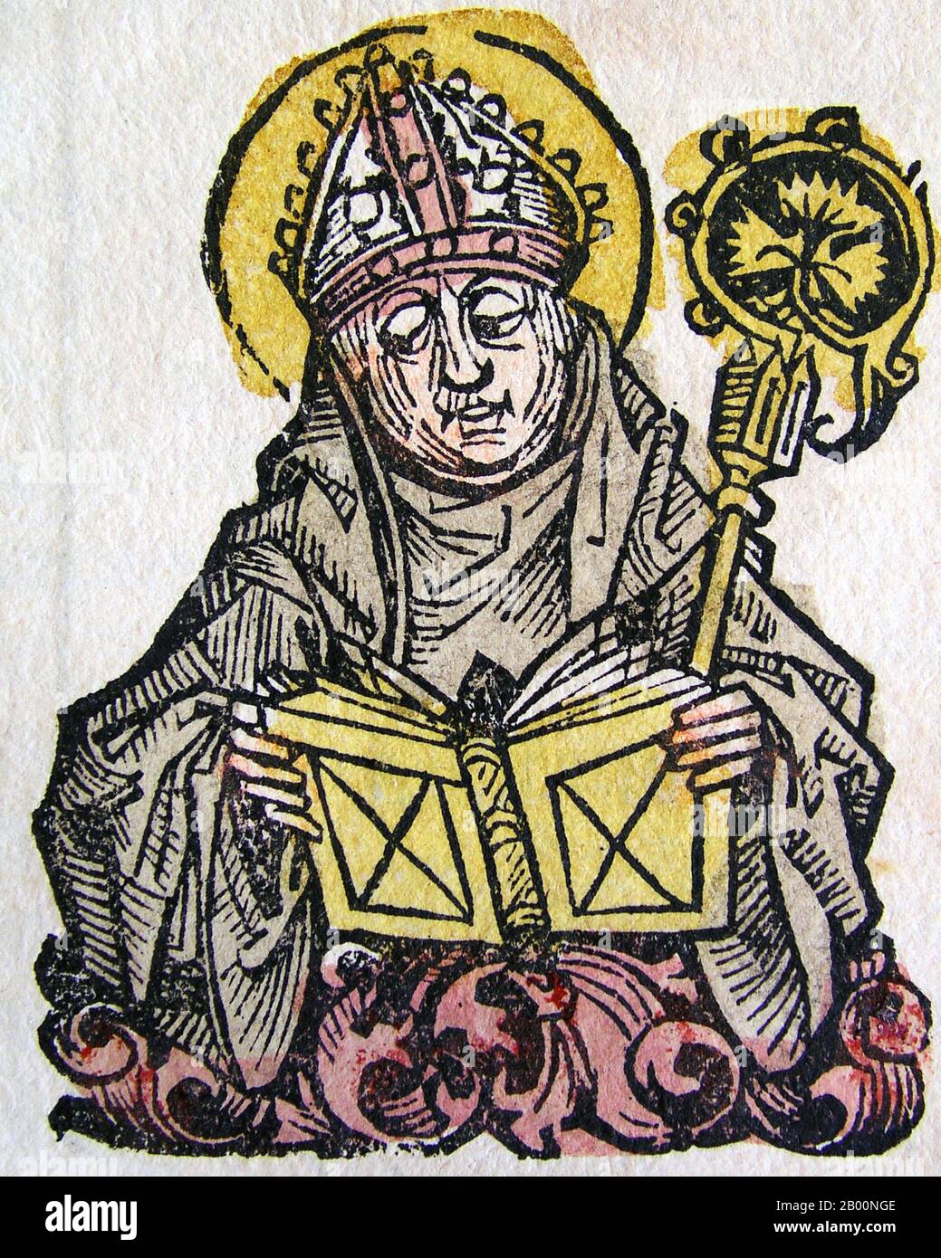 Deutschland: 'Edmund, Erzbischof von Centerbury'. Die Nürnberger Chronik, von Hartmann Schedel (1440-1514), 1493. Die Nürnberger Chronik ist eine illustrierte Weltgeschichte. Seine Struktur folgt der Geschichte der menschlichen Geschichte, wie sie in der Bibel, einschließlich der Geschichte einer Reihe von wichtigen westlichen Städten. Geschrieben in Latein von Hartmann Schedel, mit einer Version in deutscher Übersetzung von Georg Alt, erschien es 1493. Es ist eines der am besten dokumentierten frühen gedruckten Bücher. Es wird als Inkunabulum, ein Buch, Broschüre oder Breitseite klassifiziert, das vor dem Jahr 1501 gedruckt (nicht handschriftlich) wurde. Stockfoto