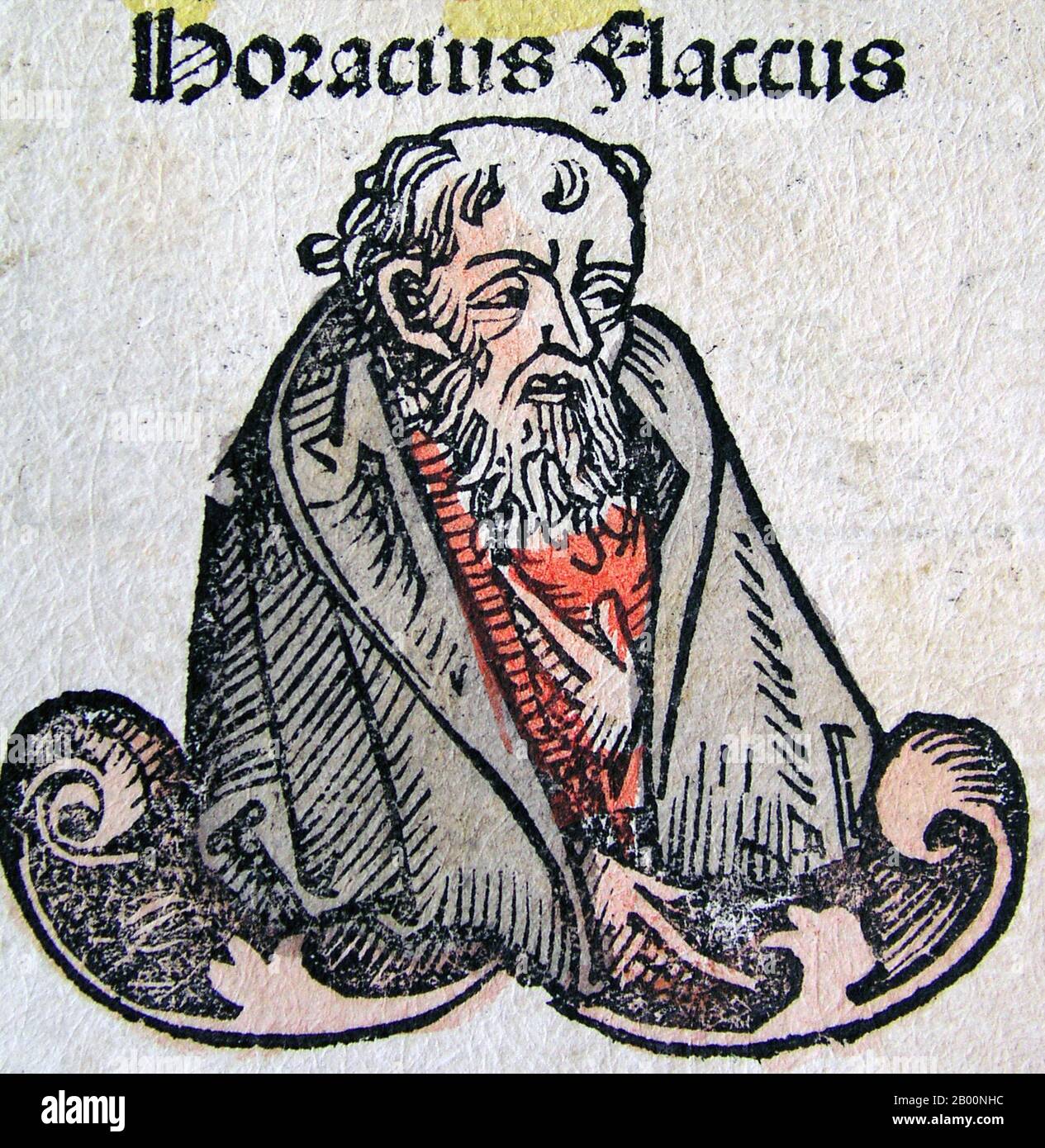 Deutschland: 'Horace'. Die Nürnberger Chronik, von Hartmann Schedel (1440-1514), 1493. Die Nürnberger Chronik ist eine illustrierte Weltgeschichte. Seine Struktur folgt der Geschichte der menschlichen Geschichte, wie sie in der Bibel, einschließlich der Geschichte einer Reihe von wichtigen westlichen Städten. Geschrieben in Latein von Hartmann Schedel, mit einer Version in deutscher Übersetzung von Georg Alt, erschien es 1493. Es ist eines der am besten dokumentierten frühen gedruckten Bücher. Es wird als Inkunabulum, ein Buch, Broschüre oder Breitseite klassifiziert, das vor dem Jahr 1501 in Europa gedruckt (nicht handschriftlich) wurde. Stockfoto