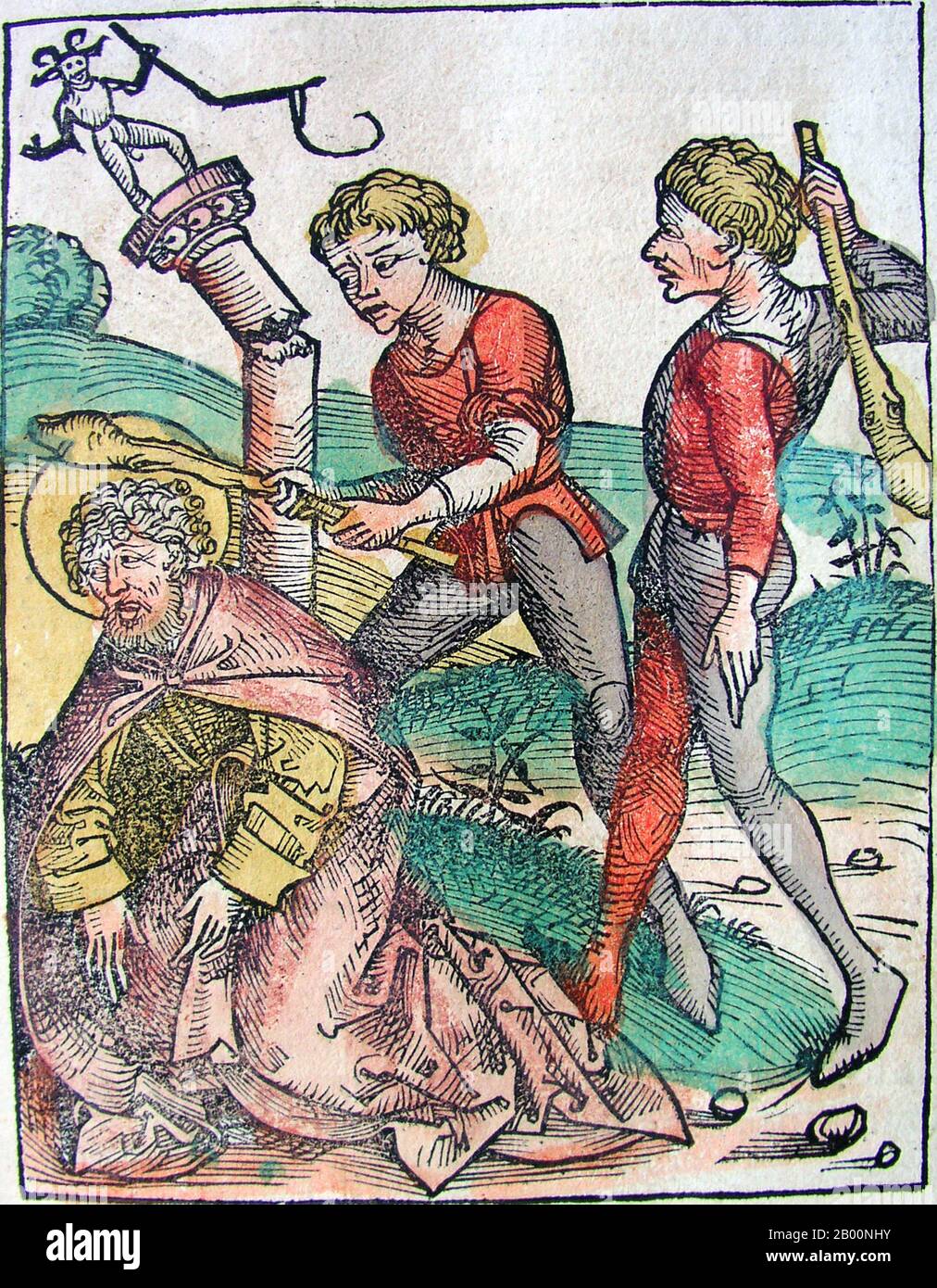 Deutschland: 'Judas, der Thaddeus genannt wird'. Die Nürnberger Chronik, von Hartmann Schedel (1440-1514), 1493. Die Nürnberger Chronik ist eine illustrierte Weltgeschichte. Seine Struktur folgt der Geschichte der menschlichen Geschichte, wie sie in der Bibel, einschließlich der Geschichte einer Reihe von wichtigen westlichen Städten. Geschrieben in Latein von Hartmann Schedel, mit einer Version in deutscher Übersetzung von Georg Alt, erschien es 1493. Es ist eines der am besten dokumentierten frühen gedruckten Bücher. Es wird als Inkunabulum, ein Buch, Broschüre oder Breitseite klassifiziert, das vor dem Jahr 1501 in Europa gedruckt (nicht handschriftlich) wurde. Stockfoto