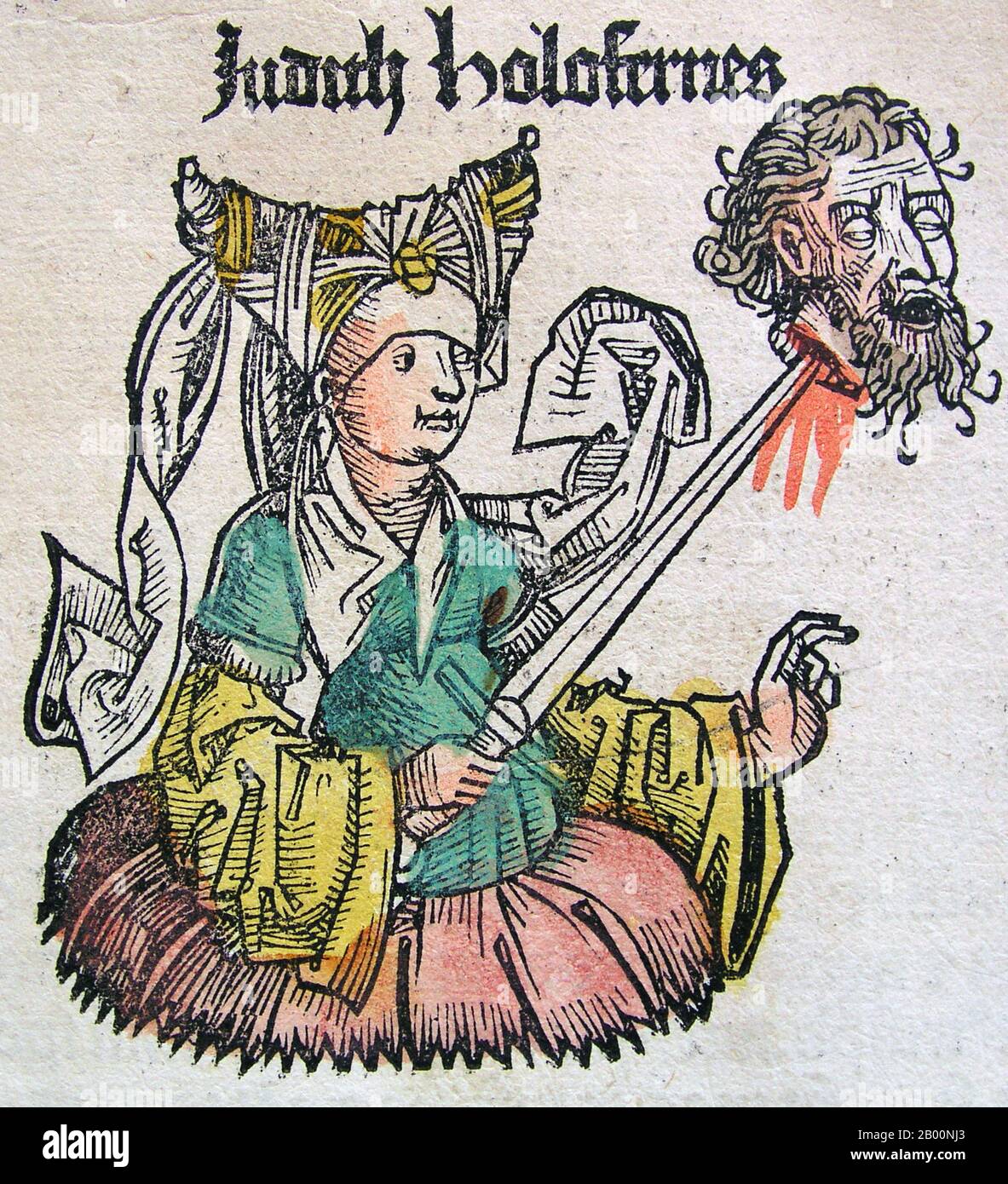 Deutschland: 'Judith und Holofernes'. Die Nürnberger Chronik, von Hartmann Schedel (1440-1514), 1493. Die Nürnberger Chronik ist eine illustrierte Weltgeschichte. Seine Struktur folgt der Geschichte der menschlichen Geschichte, wie sie in der Bibel, einschließlich der Geschichte einer Reihe von wichtigen westlichen Städten. Geschrieben in Latein von Hartmann Schedel, mit einer Version in deutscher Übersetzung von Georg Alt, erschien es 1493. Es ist eines der am besten dokumentierten frühen gedruckten Bücher. Es wird als Inkunabulum, ein Buch, Broschüre oder Breitseite klassifiziert, das vor dem Jahr 1501 in Europa gedruckt (nicht handschriftlich) wurde. Stockfoto