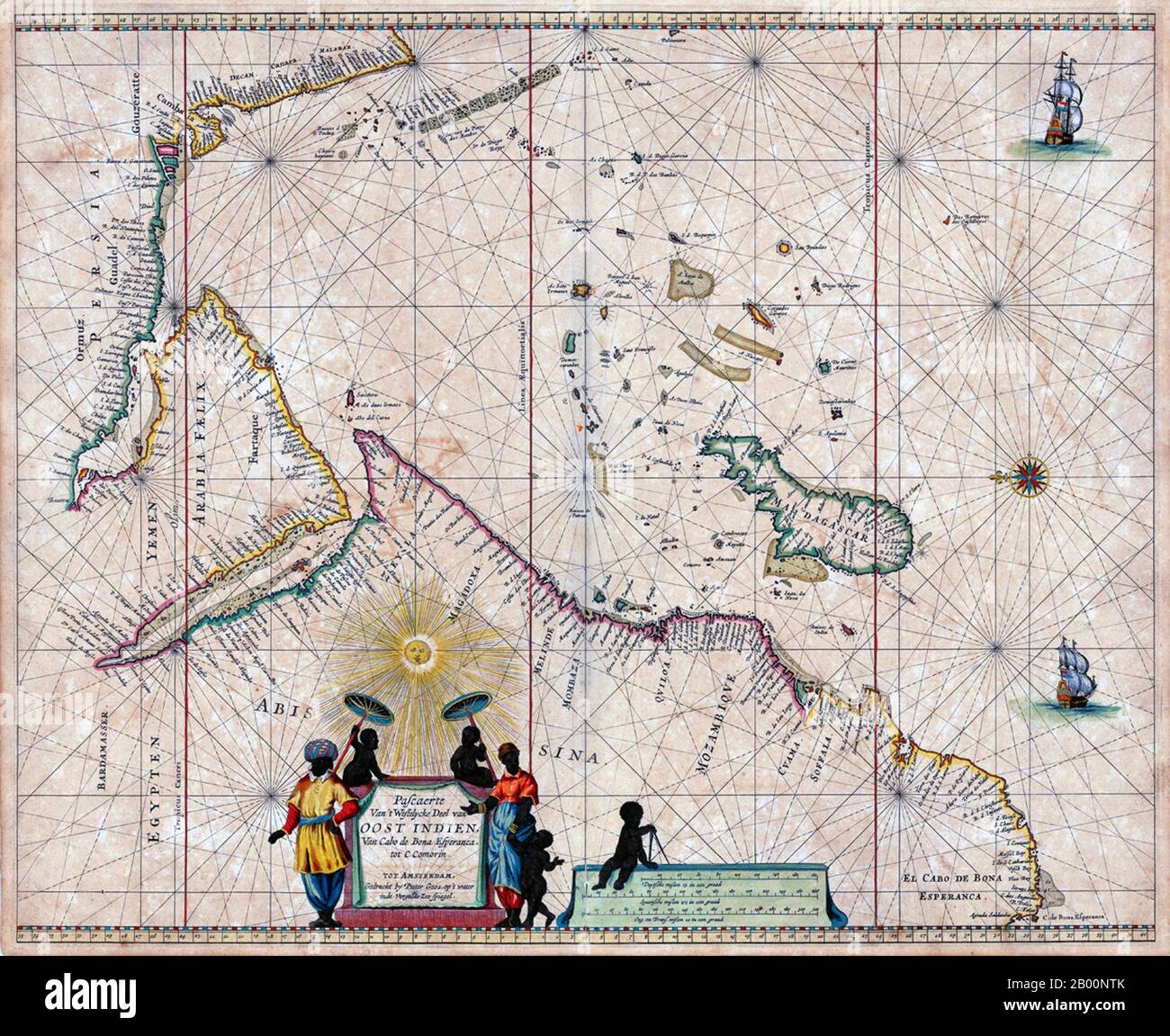 Niederlande: Eine Karte von Arabien und dem Indischen Ozean, Amsterdam, Pieter Goos (1616-1675), 1666. Pieter Goos (1616–1675) war ein niederländischer Kartograph, Kupferstich-Kupferstecher, Verleger und Buchhändler. Er war der Sohn von Abraham Goos (1590–1643), auch Kartograph und Kartenverkäufer. Ab 1666 veröffentlichte Pieter Goos eine Reihe von gut produzierten Atlanten. Stockfoto