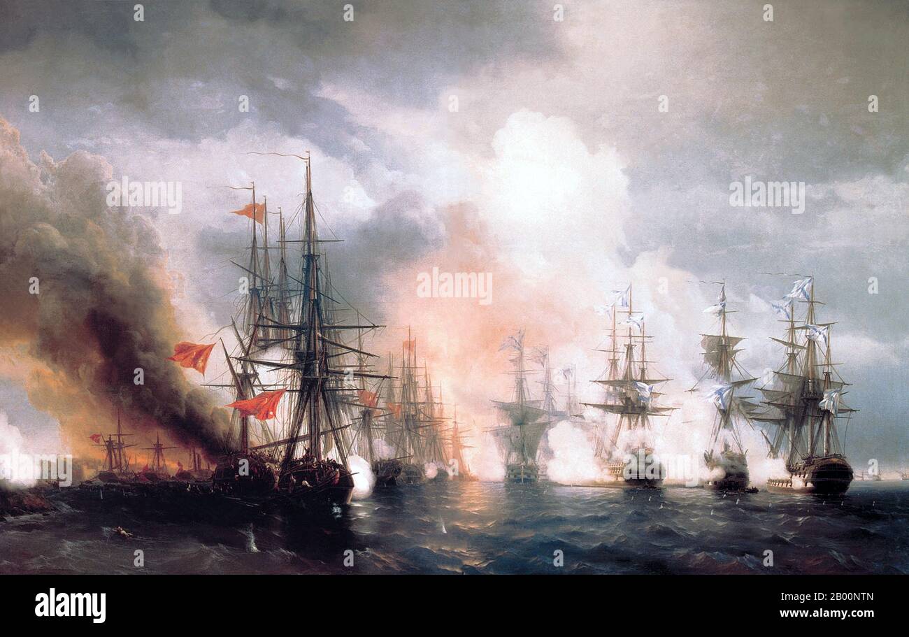 Türkei/Ukraine: "Die Schlacht von Sinope". Öl auf Leinwand Gemälde von Ivan Aivazovsky (1817-1900), 1853. Die Schlacht von Sinop, oder die Schlacht von Sinope, fand am 30. November 1853 in Sinop, einem Seehafen in Nordanatolien, statt, als kaiserliche russische Kriegsschiffe unter dem Kommando von Vizeadmiral Pavel Nakhimov eine Patrouille von osmanischen Schiffen, die im Hafen verankert waren, anschlugen und vernichteten. Die Schlacht war Teil des Krimkrieges und ein Faktor, der dazu beitrug, Frankreich und Großbritannien in den Konflikt zu bringen. Stockfoto