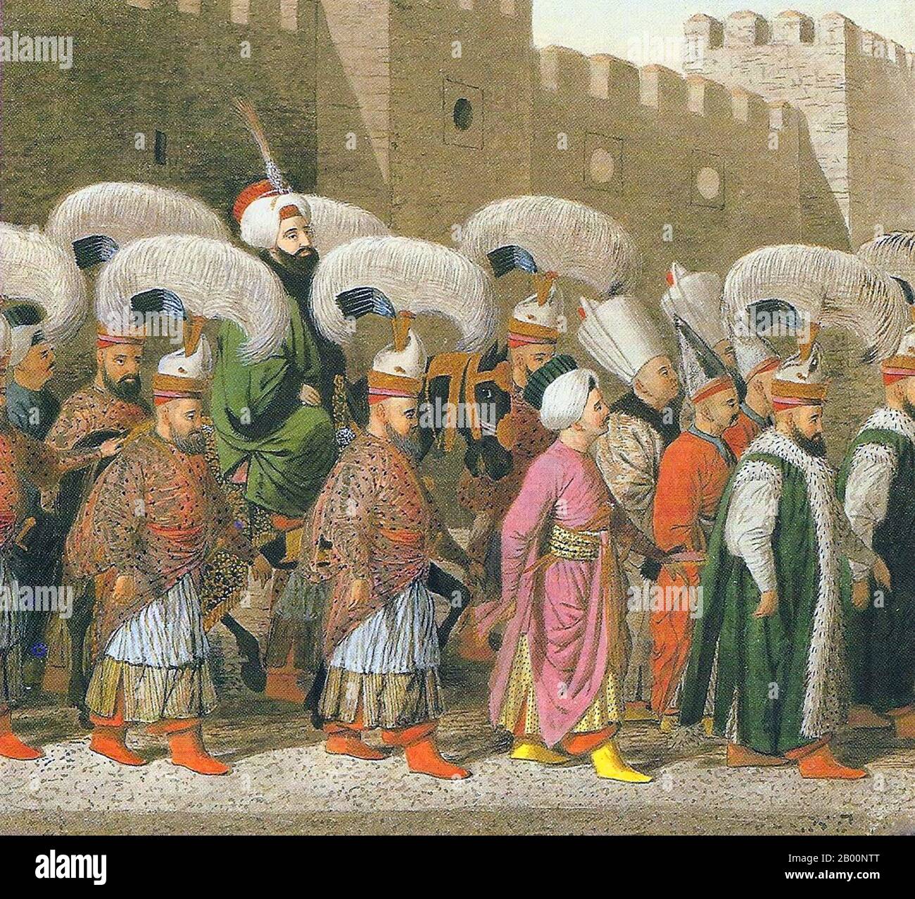 Türkei: Zeremonielle Prozession des Sultans aus Topkapi-Palast, c. 1810. Hier abgebildet ist der Sultan, der den Topkapi-Palast für Freitagsgebete in einer der Moscheen der Hauptstadt verlässt. Die einmal pro Woche Ausflug war das einzige Mal, dass der Sultan in der Öffentlichkeit erschienen. Die Berater des Sultans, die Wesire, trugen grün. Die Kämmerer trugen Scharlach. Religiöse Würdenträger trugen Purpur und Mullahs hellblau. Der Meister des Pferdes in dunkelgrün von Kopf bis Fuß gekleidet. Gerichtsbeamte trugen hellrote Schuhe. Diejenigen, die im Büro des Grand Vizier arbeiteten, das sich direkt vor den Mauern des Palastes befand, trugen gelbe Schuhe. Stockfoto