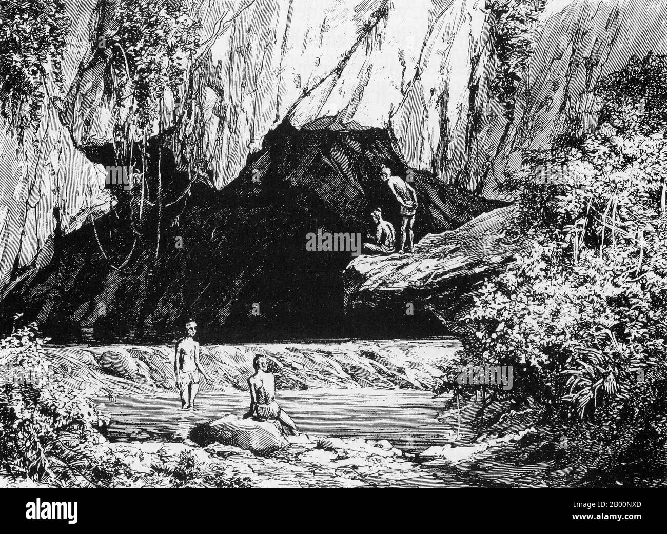 Laos: Die Tam Krung Höhle. Gravur von einem unbekannten Künstler, c. 1882-1884. Dr. Paul Neis unternahm im Auftrag des französischen Bildungsministers eine wissenschaftliche Mission nach Cochinchina und Laos. Über Chiang Mai und Nord-Thailand kehrte er nach Bangkok zurück. Seine Mission dauerte 19 Monate zwischen 1882 und 1884. Stockfoto