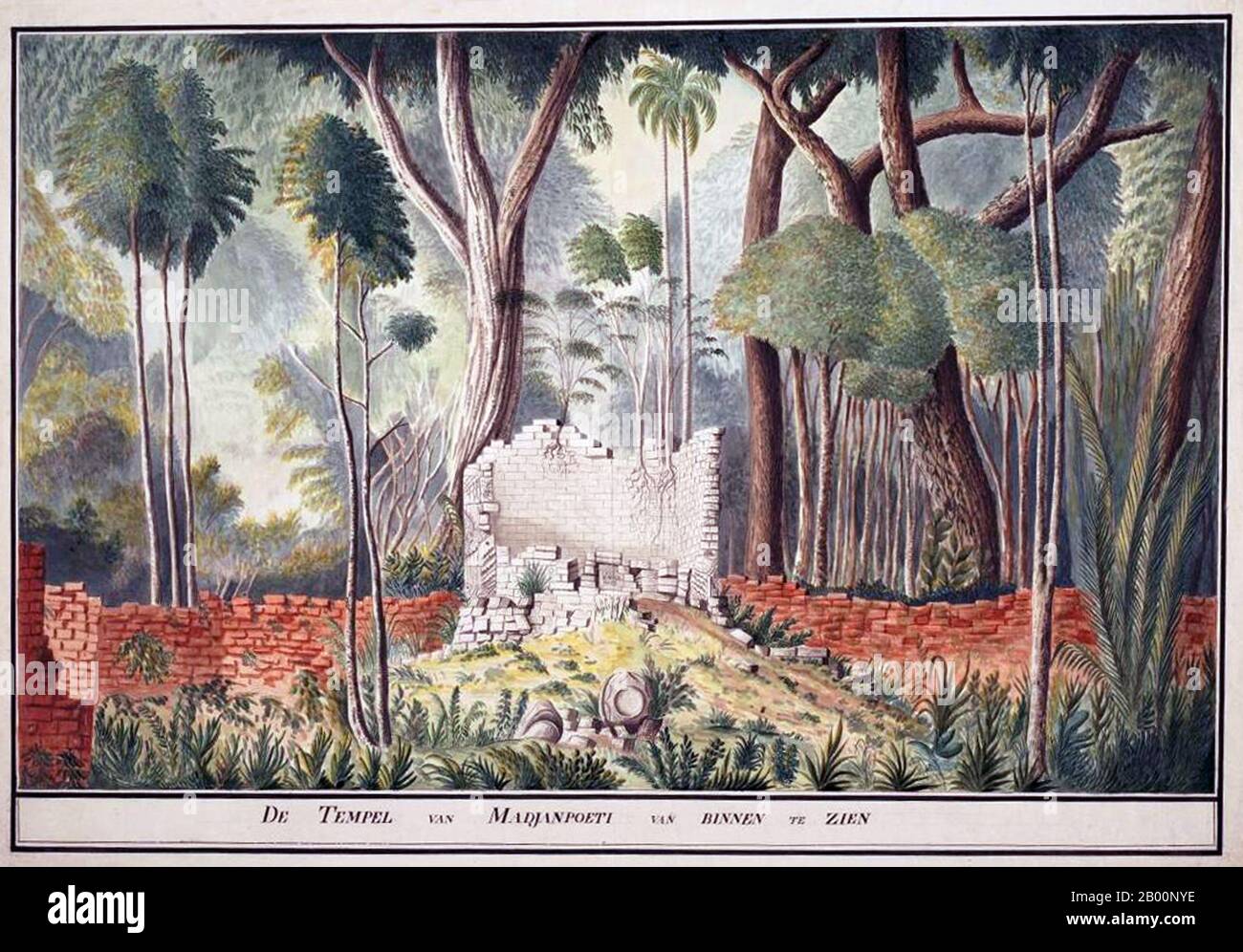 Indonesien: Madura, Innere des Tempels von Madjanpoeti. Aquarellmalerei eines unbekannten Künstlers, Ende des 18. Jahrhunderts. Ab dem 7. Jahrhundert n. Chr. blühte das mächtige Srivijaya-Marinerreich in Indonesien als Folge des Handels und der Einflüsse des Hinduismus und Buddhismus, die mit ihm aus Malaya importiert wurden. Zwischen dem 8. Und 10. Jahrhundert u.Z. blühten und gingen die landwirtschaftlichen buddhistischen Sailendra- und Hindu-Mataram-Dynastien im Landesinneren von Java zurück und hinterließen große religiöse Monumente wie Sailendras Borobudur und Matarams Prambanan. Stockfoto