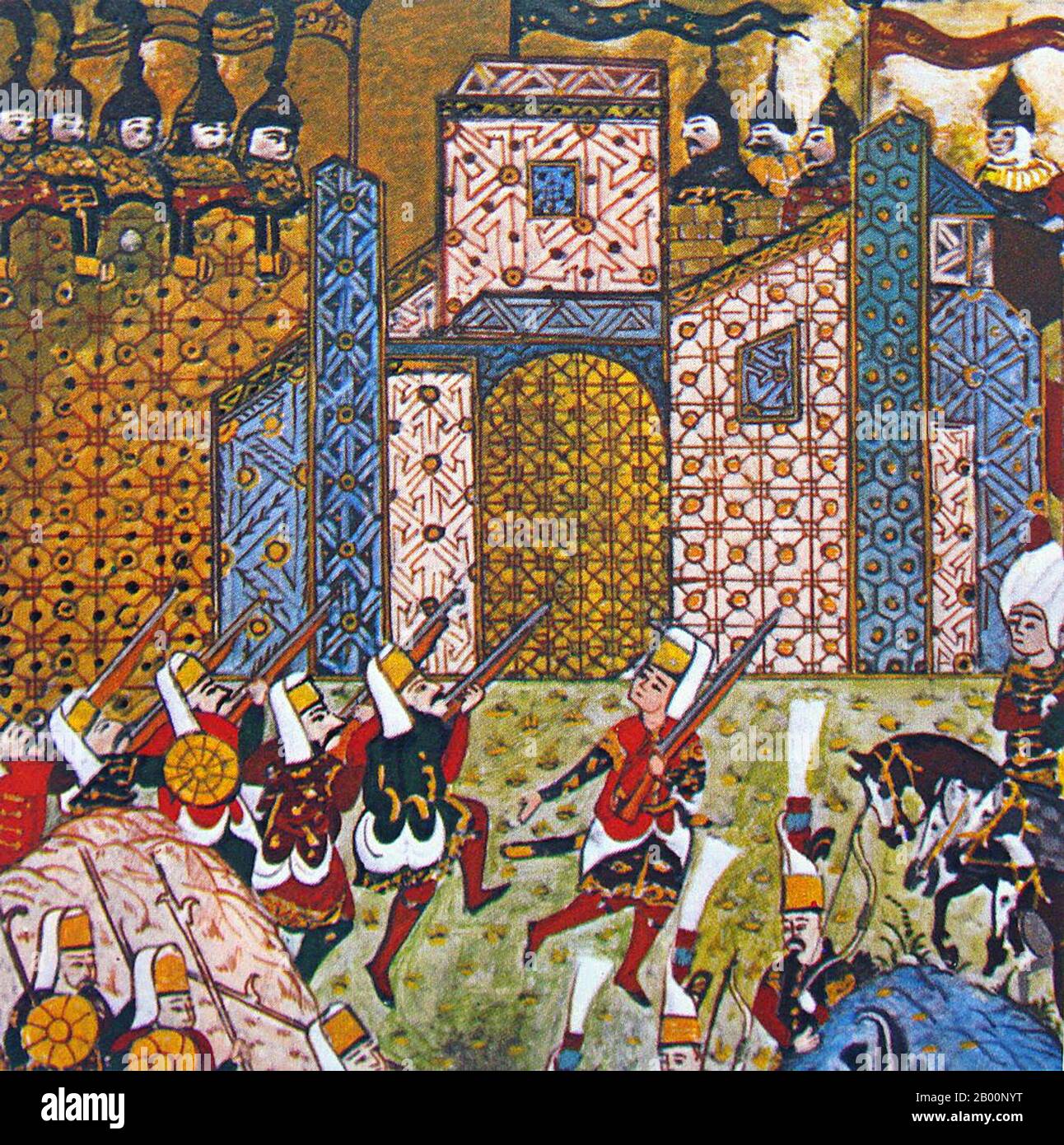 Türkei: Osmanische Miniatur von Janissaries, die gegen die Ritter von St. John in der Belagerung von Rhodos von 1522 kämpfen. Gemälde von Matrakci Nasuh (1480-1564), 1558. Die Belagerung von Rhodos von 1522 war der zweite und letztlich erfolgreiche Versuch des Osmanischen Reiches, die Ritter von Rhodos aus ihrer griechischen Inselhochburg zu vertreiben und damit die osmanische Kontrolle über das östliche Mittelmeer zu sichern. Die erste Belagerung im Jahr 1480 war erfolglos. Die Ritter von St. John hatte Rhodos im frühen 14. Jahrhundert nach dem Verlust von Acre, der letzten Kreuzritterhochburg in Palästina im Jahr 1291 erobert. Stockfoto