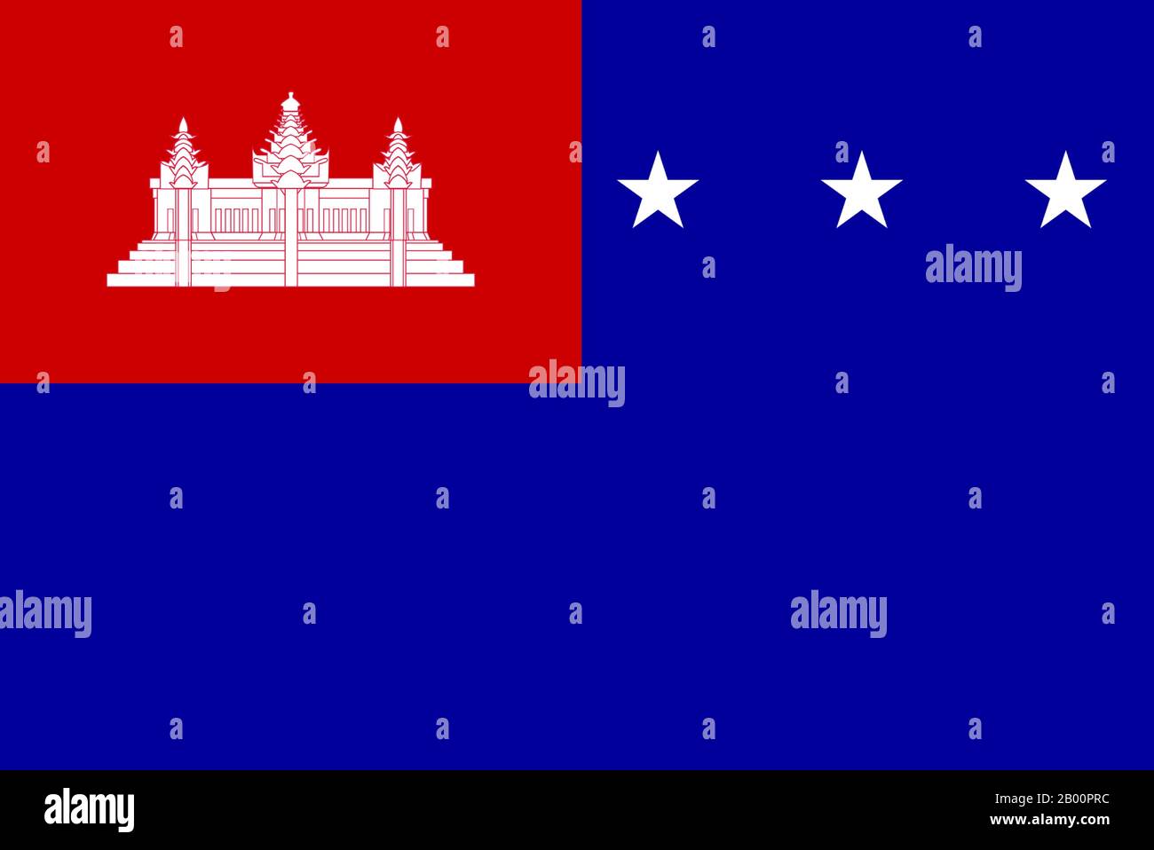 Kambodscha: Flagge der Republik Khmer (Lon-Nol-Regime), in Gebrauch vom 1970. Bis 1975. Oktober, zwischen dem Sturz Norodoms Sihanouk und der Gründung des Demokratischen Kampucheas (Khmer Rouge). Stockfoto