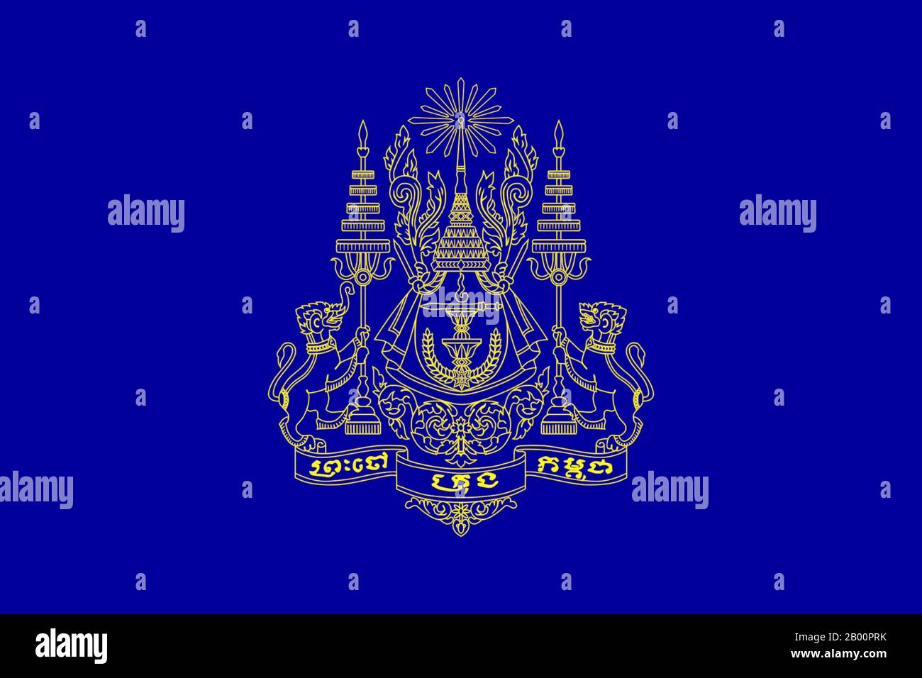 Kambodscha: Königlicher Standard des Königs von Kambodscha (1993 - Fortsetzung). Sodcan (CC BY 2.0 Lizenz). Der königliche Standard von Kambodscha trägt das königliche Wappen auf einem dunkelblauen Feld. Auf dem Wappen sind zwei Tiere dargestellt, die links ein gajasingha (ein Löwe mit einem Elefantenrüssel) und rechts ein singha oder ein Löwe sind. Unterstützt von den Tieren sind zwei königliche fünfstufige Schirme. Dazwischen befindet sich eine königliche Krone mit einem Lichtstrahl an der Spitze. Stockfoto
