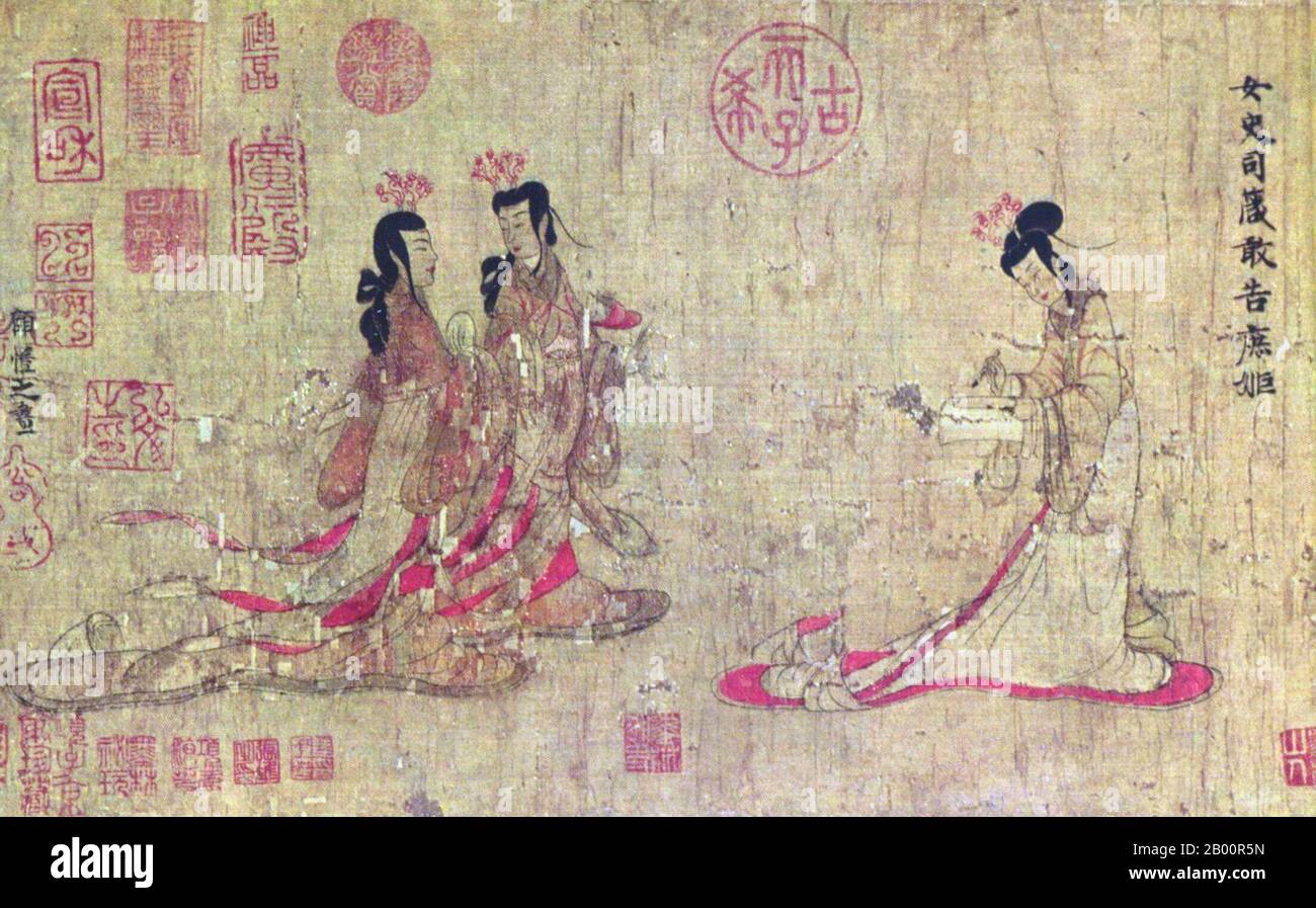 China: Die ‘„Ermahnungen der Hoflehrerin“ (5. Bis 8. Jahrhundert u.Z.). Die ‘Ermahnungen-Schriftrolle’ ist eine chinesische erzählerische Seidenmalerei, die traditionell Gu Kaizhi (ca. 345–ca. 406), aber die moderne Wissenschaft betrachtet als ein Werk des 5. Bis 8. Jahrhunderts, das eine Kopie eines ursprünglichen Jin Dynastie (265–420) Hofbild von Gu Kaizhi sein kann oder auch nicht. Es wurde gemalt, um einen poetischen Text zu illustrieren, der 292 vom Poeten-Beamten Zhang Hua (232–300) geschrieben wurde und komponiert wurde, um Kaiserin Jia (257–300) zu rügen und kaiserlichen Ehefrauen und Konkubinen Ratschläge zu geben, wie sie sich angemessen verhalten sollten. Stockfoto