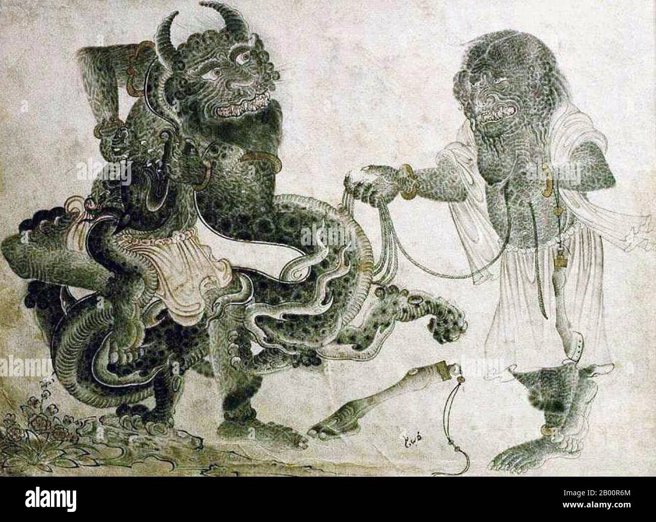 Zentralasien: Siyah Kalem Schule, 15. Jahrhundert: Zwei Dämonen mit einem Drachen. Siyah Kalem oder "Black Pen" ist der Name der Malschule des 15. Jahrhunderts, die Mehmed Siyah Kalem zugeschrieben wird. Von seinem Leben ist nichts bekannt, aber seine Arbeit deutet darauf hin, dass er zentralasiatischer turkischer Herkunft war und mit dem Lager- und Militärleben bestens vertraut war. Die Bilder erscheinen in den 'Conqueror’s Albums', so benannt, weil zwei Porträts von Sultan Mehmed II. Dem Eroberer in einem von ihnen vorhanden sind. Die Alben bestehen aus Miniaturen aus Handschriften des 14., 15. Und frühen 16. Jahrhunderts. Stockfoto