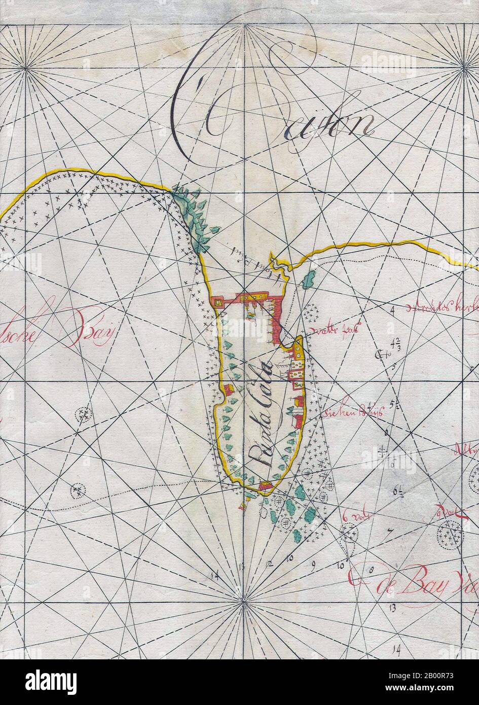 Sri Lanka: Manuskriptkarte der holländischen Ostindien-Kompanie von Galle aus dem 17. Jahrhundert (Detail). Die Dutch East India Company (VOC) wurde 1602 gegründet, um in Ostindien (Indonesien) für die Holländer im lukrativen Gewürzhandel Fuß zu fassen, der bis dahin von den Portugiesen dominiert wurde. Es war ein gechartertes Unternehmen, das von der niederländischen Regierung ein Monopol zur Durchführung kolonialer Aktivitäten in Asien erhielt, einschließlich der Gründung von Kolonien in Ceylon (Sri Lanka) und Indien. Stockfoto