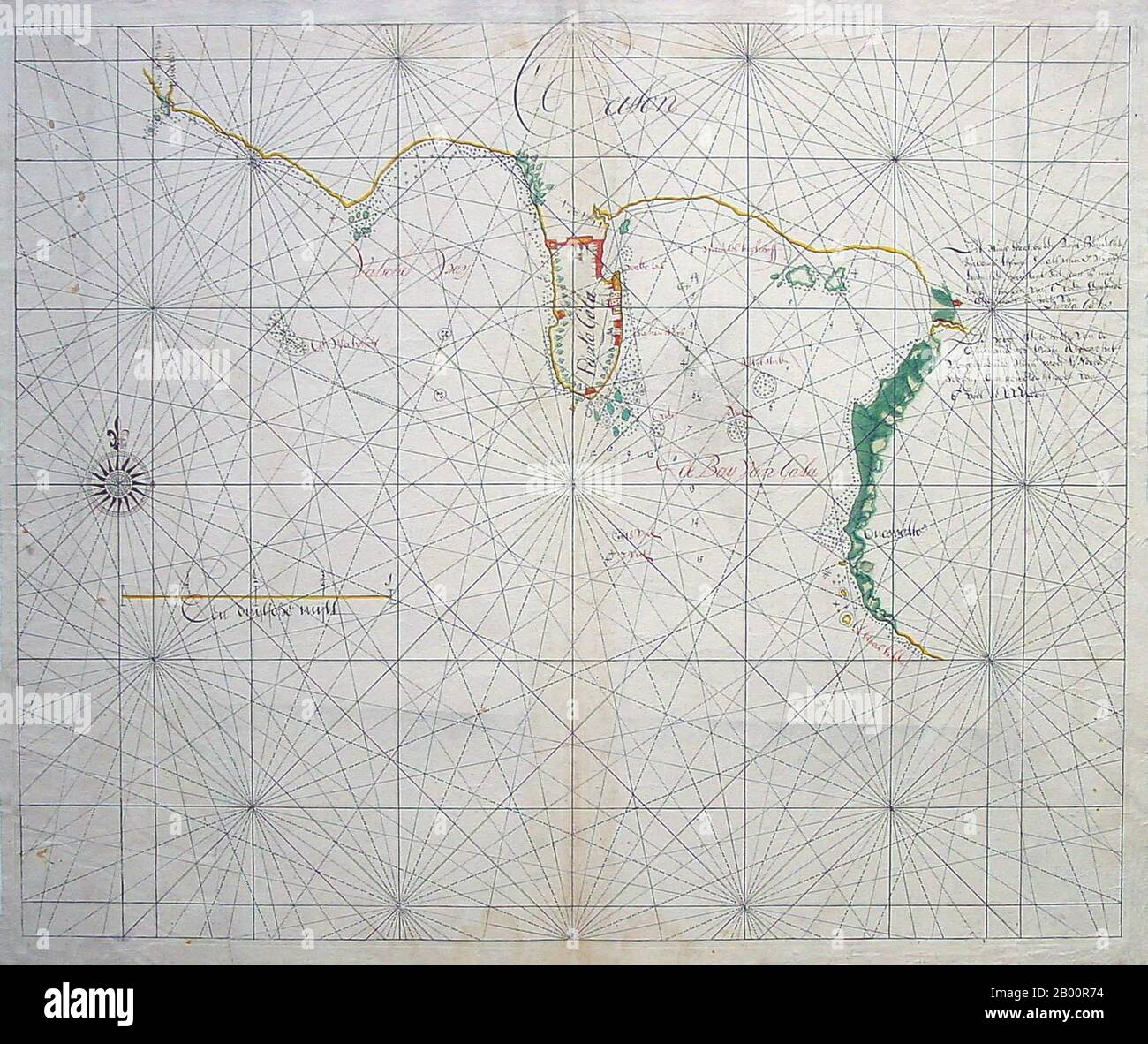 Sri Lanka: Manuskriptkarte der holländischen Ostindien-Kompanie aus dem 17. Jahrhundert der Region Galle. Die Dutch East India Company (VOC) wurde 1602 gegründet, um in Ostindien (Indonesien) für die Holländer im lukrativen Gewürzhandel Fuß zu fassen, der bis dahin von den Portugiesen dominiert wurde. Es war ein gechartertes Unternehmen, das von der niederländischen Regierung ein Monopol zur Durchführung kolonialer Aktivitäten in Asien erhielt, einschließlich der Gründung von Kolonien in Ceylon (Sri Lanka) und Indien. Stockfoto