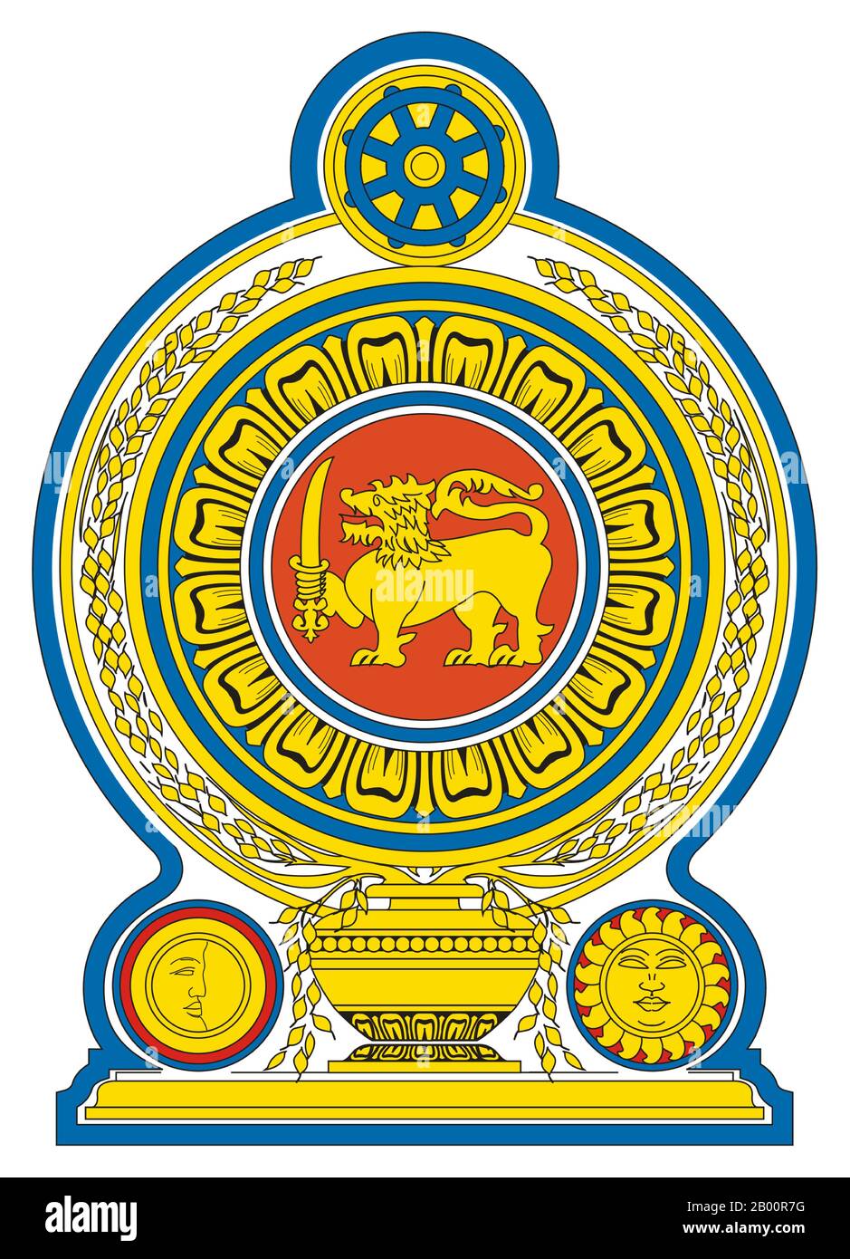 Sri Lanka: Wappen der Demokratischen Sozialistischen Republik Sri Lanka, 1972 - heute. Das Wappen zeigt einen goldenen Löwen Passant, hält ein Schwert in seiner rechten Vorderpfote (der gleiche Löwe aus der Flagge von Sri Lanka) in der Mitte auf einem kastanienbraunen Hintergrund von goldenen Blütenblättern eines Blauen Lotus, die Nationalblume des Landes umgeben. Diese wird auf einer traditionellen Getreidevase platziert, die Reiskörner sprießt, die die Grenze des Wohlstands umkreisen. Das Wappen ist die Dharmacakra, die den wichtigsten Platz des Landes für Buddhismus und gerechte Herrschaft symbolisiert. Stockfoto