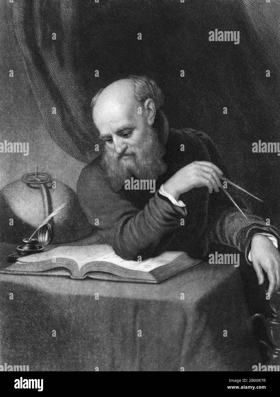 Italien/USA: Porträt von Galileo Galilei (1564 - 1642). Stich von Samuel Sartain (1830-1906) nach einem Gemälde von H.W.Wyatt. Galileo Galilei (15. Februar 1564 – 8. Januar 1642) war ein italienischer Physiker, Mathematiker, Philosoph und Astronom, der eine entscheidende Rolle bei der Etablierung der modernen Wissenschaft zu einer Zeit spielte, als der Widerspruch zur Religion als Häresie galt. Es war als Astronom, dass er am umstrittensten war. Galileo entwickelte Teleskope, die die Phasen der Venus bestätigten, und die Entdeckung der vier größten Satelliten des Jupiter (benannt die Galileischen Monde zu seinen Ehren), sowie Sonnenflecken. Stockfoto