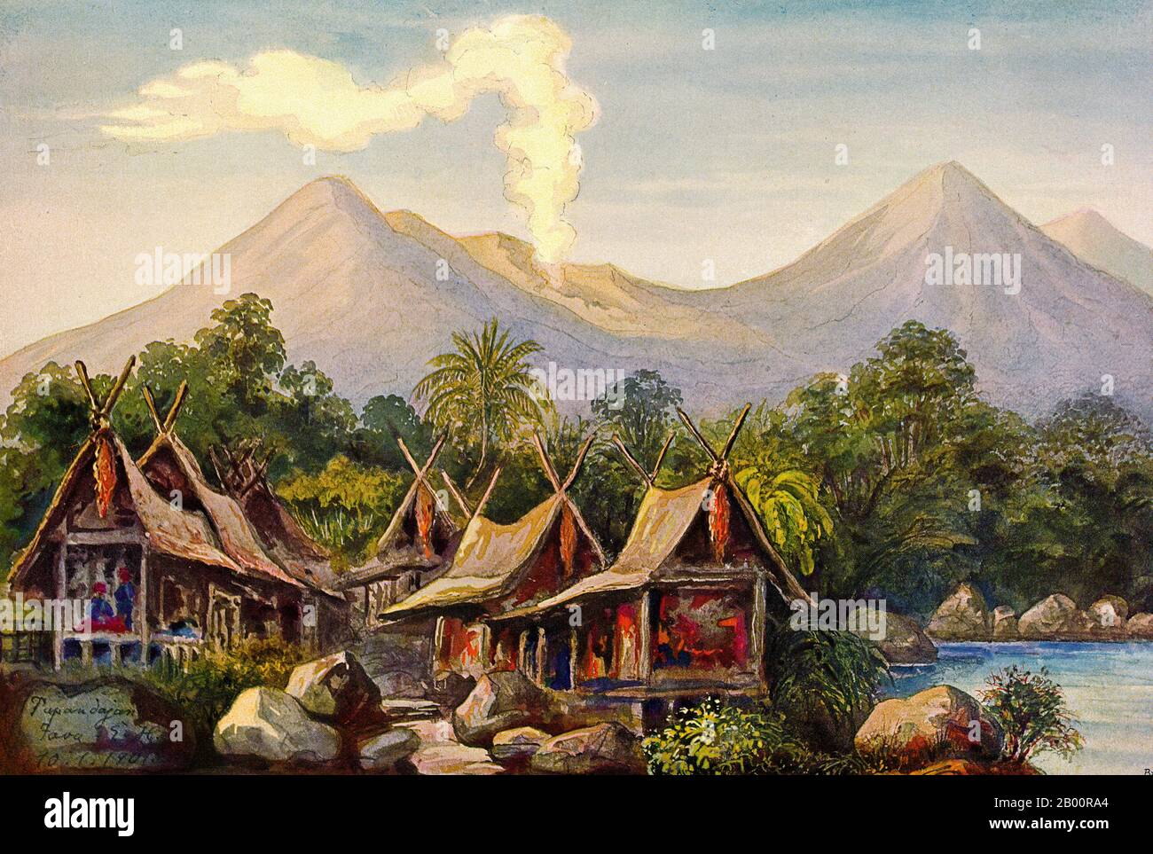 Indonesien/Deutschland: 'Papandayan Volcano, Java'. Aquarellmalerei des deutschen Wissenschaftlers und Reisenden Ernst Haeckel (1834-1919), 1901. Ernst Heinrich Philipp August Haeckel (16. Februar 1834 – 9. August 1919), ebenfalls von Haeckel geschrieben, war ein bedeutender deutscher Biologe, Naturforscher, Philosoph, Arzt, Professor und Künstler, der Tausende neuer Arten entdeckte, beschrieb und benannte, einen genealogischen Baum aller Lebensformen kartierte, Und prägte viele Begriffe in der Biologie, einschließlich Anthropogenie, Ökologie, Stamm, Phylogenie, und das Königreich Protista. Stockfoto