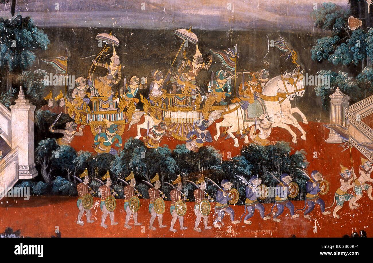 Kambodscha: Die Reamker (Ramayana) Fresken in der Galerie rund um die Silberpagode, Königspalast und Silberpagode, Phnom Penh. Das Ramayana ('Romance of Rama' auf Sanskrit) ist eine Geschichte, die so alt wie die Zeit ist und - zumindest auf dem indischen Subkontinent und in weiten Teilen Südostasiens - von unvergleichlicher Popularität ist. Vor mehr als zweitausend dreihundert Jahren setzte sich der Gelehrte-Dichter Valmiki zusammen, um sein endgültiges Epos von Liebe und Krieg zu schreiben. Die Sanskrit-Version besteht in ihrer jetzigen Form aus etwa 24,000 in sieben Bücher gegliederten Couplets. Der Reamker ist die Khmer-Version dieses Epos. Stockfoto Kambodscha: Die Reamker (Ramayana) Fresken in der Galerie rund um die Silberpagode, Königspalast und Silberpagode, Phnom Penh. Das Ramayana ('Romance of Rama' auf Sanskrit) ist eine Geschichte, die so alt wie die Zeit ist und - zumindest auf dem indischen Subkontinent und in weiten Teilen Südostasiens - von unvergleichlicher Popularität ist. Vor mehr als zweitausend dreihundert Jahren setzte sich der Gelehrte-Dichter Valmiki zusammen, um sein endgültiges Epos von Liebe und Krieg zu schreiben. Die Sanskrit-Version besteht in ihrer jetzigen Form aus etwa 24,000 in sieben Bücher gegliederten Couplets. Der Reamker ist die Khmer-Version dieses Epos. Stockfoto