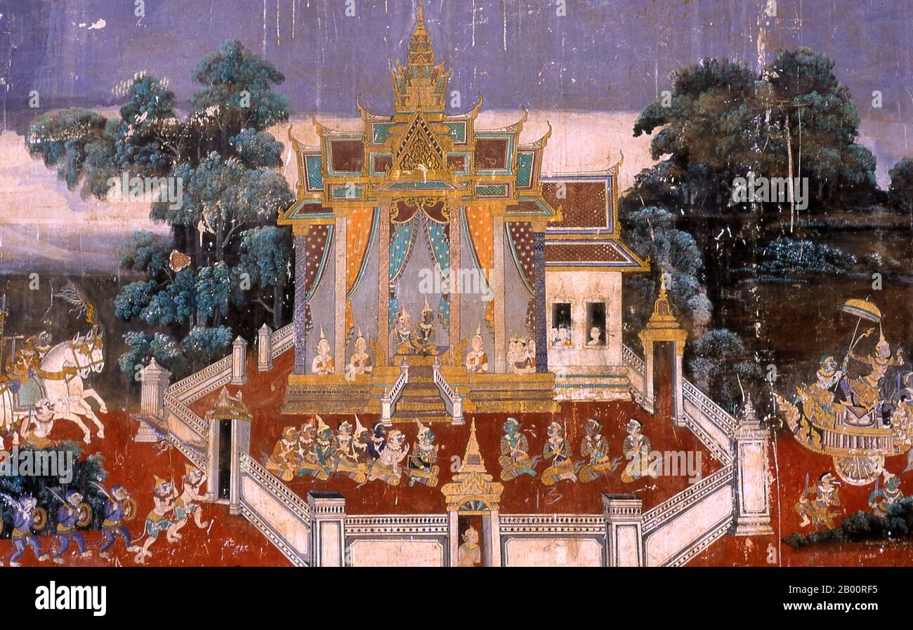 Kambodscha: Die Reamker (Ramayana) Fresken in der Galerie rund um die Silberpagode, Königspalast und Silberpagode, Phnom Penh. Das Ramayana ('Romance of Rama' auf Sanskrit) ist eine Geschichte, die so alt wie die Zeit ist und - zumindest auf dem indischen Subkontinent und in weiten Teilen Südostasiens - von unvergleichlicher Popularität ist. Vor mehr als zweitausend dreihundert Jahren setzte sich der Gelehrte-Dichter Valmiki zusammen, um sein endgültiges Epos von Liebe und Krieg zu schreiben. Die Sanskrit-Version besteht in ihrer jetzigen Form aus etwa 24,000 in sieben Bücher gegliederten Couplets. Der Reamker ist die Khmer-Version dieses Epos. Stockfoto