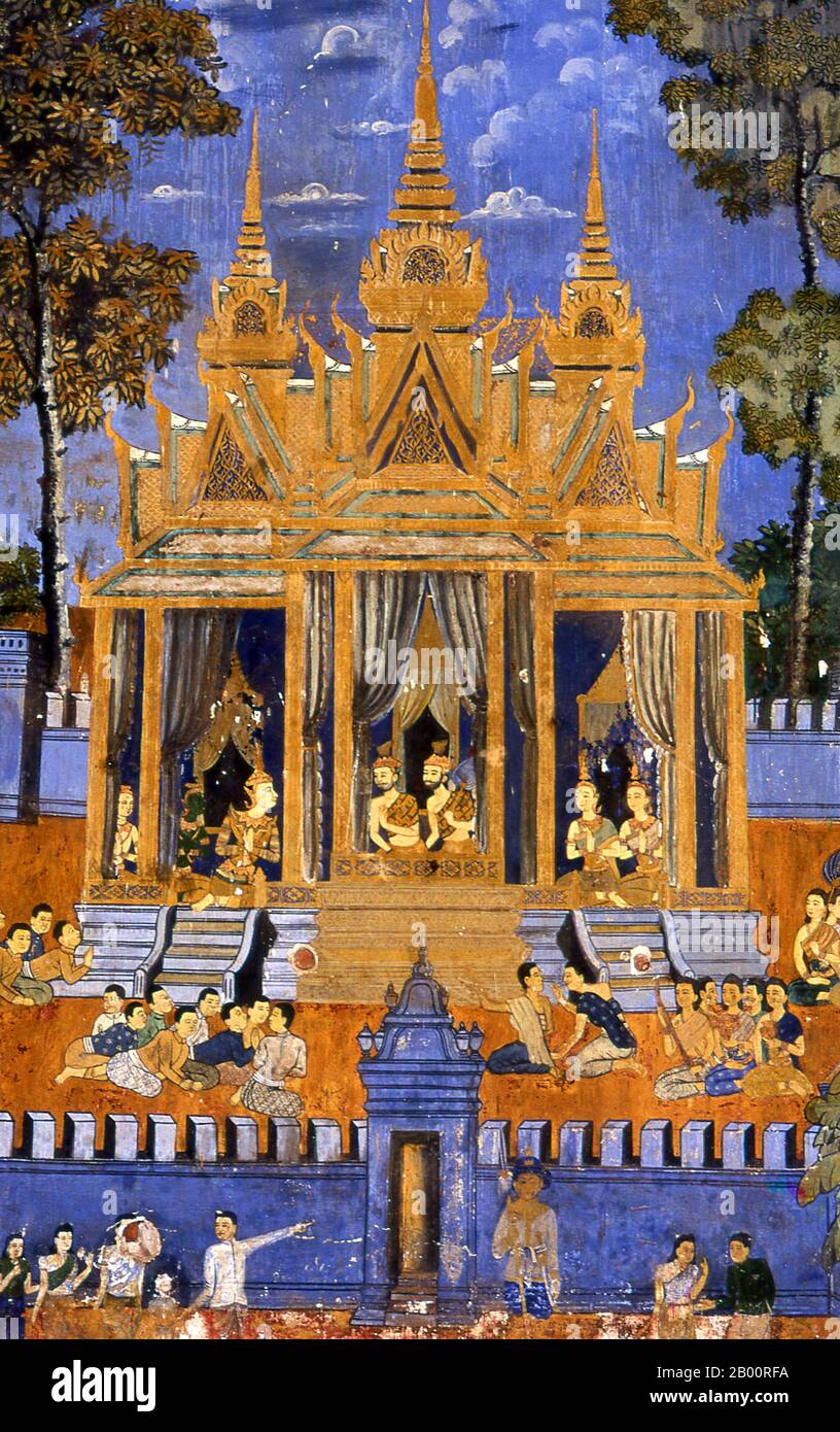 Kambodscha: Die Reamker (Ramayana) Fresken in der Galerie rund um die Silberpagode, Königspalast und Silberpagode, Phnom Penh. Das Ramayana ('Romance of Rama' auf Sanskrit) ist eine Geschichte, die so alt wie die Zeit ist und - zumindest auf dem indischen Subkontinent und in weiten Teilen Südostasiens - von unvergleichlicher Popularität ist. Vor mehr als zweitausend dreihundert Jahren setzte sich der Gelehrte-Dichter Valmiki zusammen, um sein endgültiges Epos von Liebe und Krieg zu schreiben. Die Sanskrit-Version besteht in ihrer jetzigen Form aus etwa 24,000 in sieben Bücher gegliederten Couplets. Der Reamker ist die Khmer-Version dieses Epos. Stockfoto Kambodscha: Die Reamker (Ramayana) Fresken in der Galerie rund um die Silberpagode, Königspalast und Silberpagode, Phnom Penh. Das Ramayana ('Romance of Rama' auf Sanskrit) ist eine Geschichte, die so alt wie die Zeit ist und - zumindest auf dem indischen Subkontinent und in weiten Teilen Südostasiens - von unvergleichlicher Popularität ist. Vor mehr als zweitausend dreihundert Jahren setzte sich der Gelehrte-Dichter Valmiki zusammen, um sein endgültiges Epos von Liebe und Krieg zu schreiben. Die Sanskrit-Version besteht in ihrer jetzigen Form aus etwa 24,000 in sieben Bücher gegliederten Couplets. Der Reamker ist die Khmer-Version dieses Epos. Stockfoto