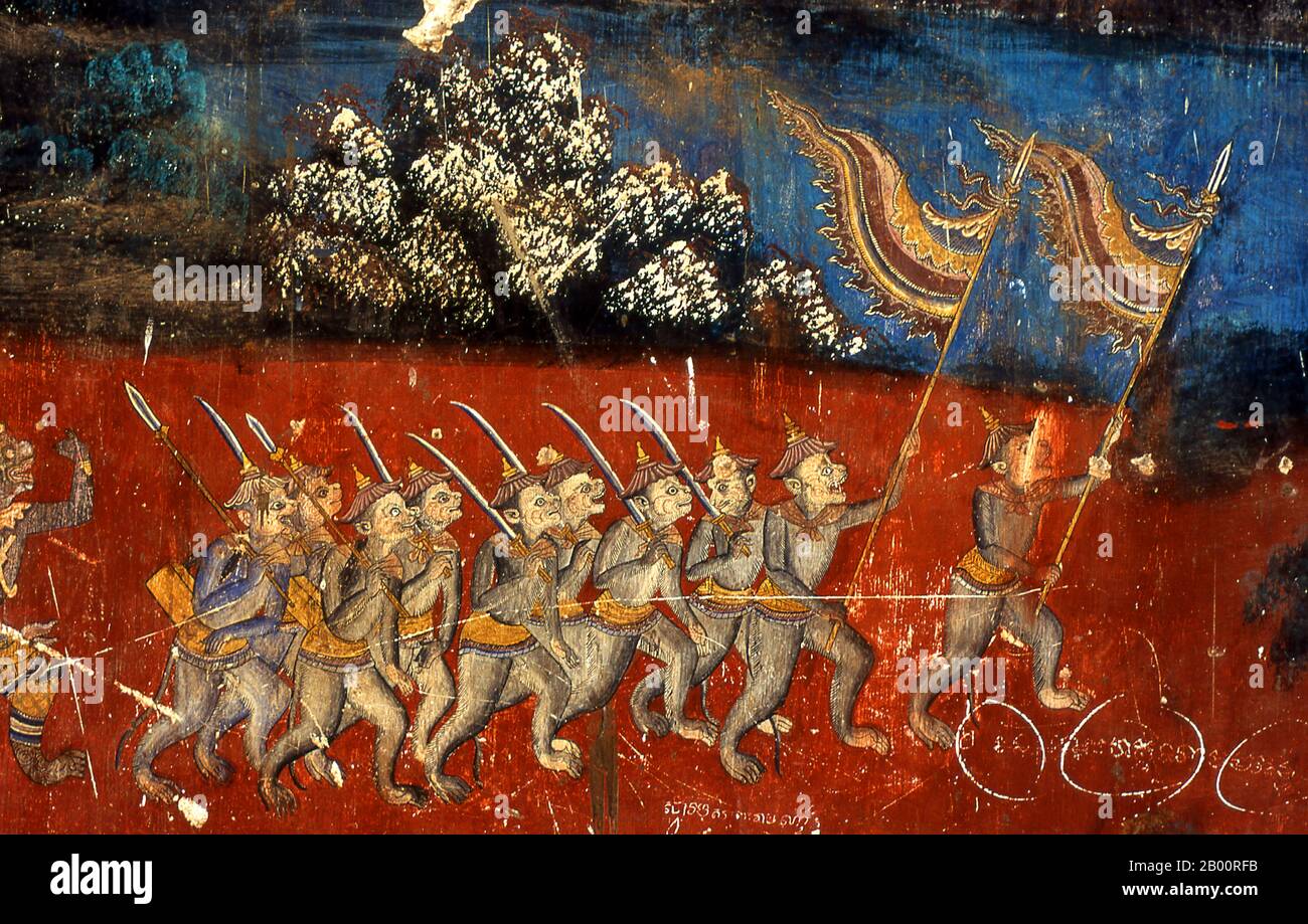 Kambodscha: Die Reamker (Ramayana) Fresken in der Galerie rund um die Silberpagode, Königspalast und Silberpagode, Phnom Penh. Das Ramayana ('Romance of Rama' auf Sanskrit) ist eine Geschichte, die so alt wie die Zeit ist und - zumindest auf dem indischen Subkontinent und in weiten Teilen Südostasiens - von unvergleichlicher Popularität ist. Vor mehr als zweitausend dreihundert Jahren setzte sich der Gelehrte-Dichter Valmiki zusammen, um sein endgültiges Epos von Liebe und Krieg zu schreiben. Die Sanskrit-Version besteht in ihrer jetzigen Form aus etwa 24,000 in sieben Bücher gegliederten Couplets. Der Reamker ist die Khmer-Version dieses Epos. Stockfoto Kambodscha: Die Reamker (Ramayana) Fresken in der Galerie rund um die Silberpagode, Königspalast und Silberpagode, Phnom Penh. Das Ramayana ('Romance of Rama' auf Sanskrit) ist eine Geschichte, die so alt wie die Zeit ist und - zumindest auf dem indischen Subkontinent und in weiten Teilen Südostasiens - von unvergleichlicher Popularität ist. Vor mehr als zweitausend dreihundert Jahren setzte sich der Gelehrte-Dichter Valmiki zusammen, um sein endgültiges Epos von Liebe und Krieg zu schreiben. Die Sanskrit-Version besteht in ihrer jetzigen Form aus etwa 24,000 in sieben Bücher gegliederten Couplets. Der Reamker ist die Khmer-Version dieses Epos. Stockfoto