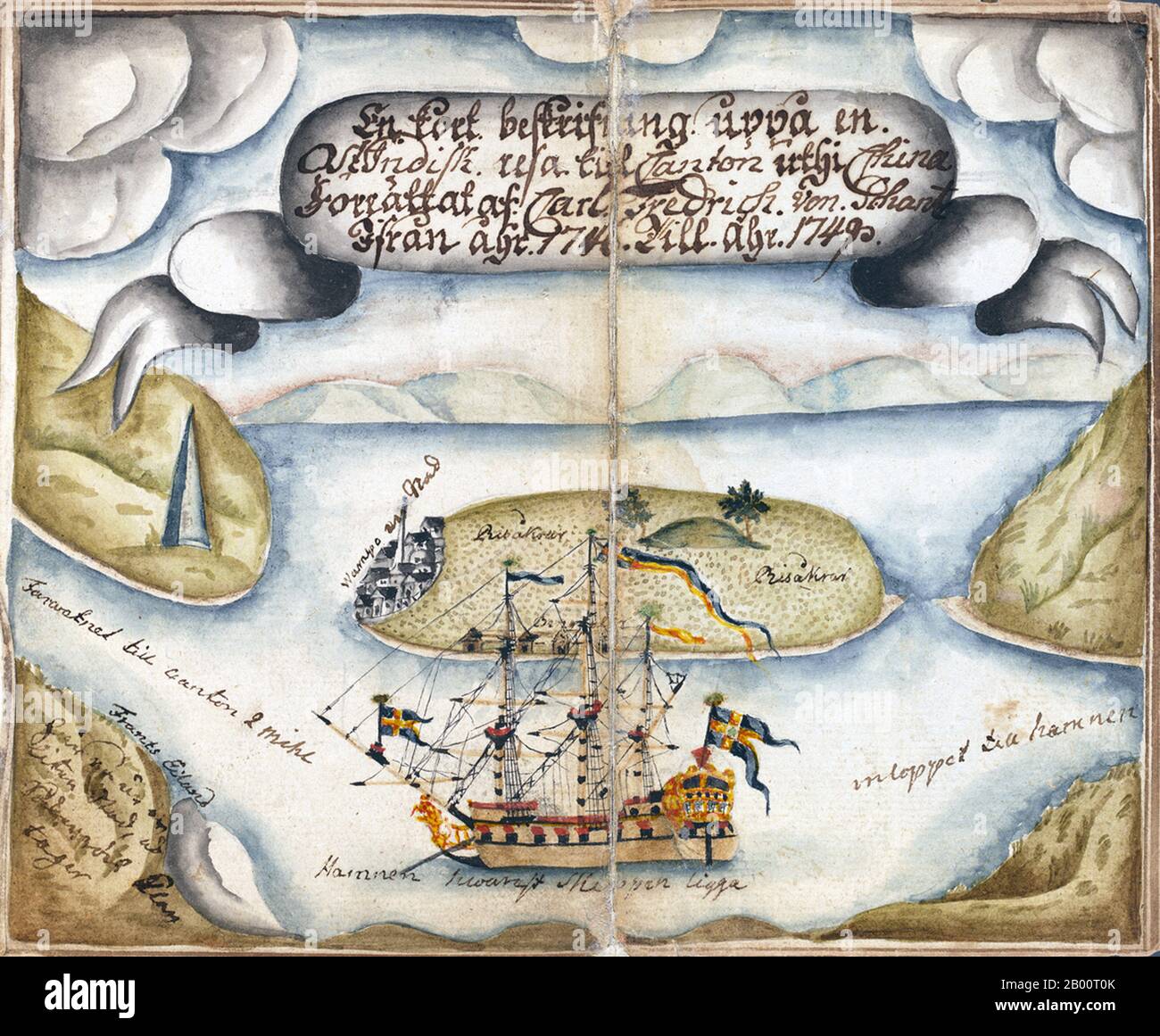 China/Schweden: Beleuchtete schwedische Karte von Kanton (Guangzhou) datiert 1749. Von 1746 bis 1749 segelte die schwedische Rigg Götha Lejon auf einer Handelsmission nach Kanton. Mehrere Berichte über das, was sich herausstellte, haben überlebt. Diese handschriftliche Zeitschrift wurde Carl Fredrik von Schantz (1727-92) zugeschrieben. Ein weiterer Bericht über die Mission von Götha Lejon wurde von Carl Johan Gethe (1728-65). Stockfoto