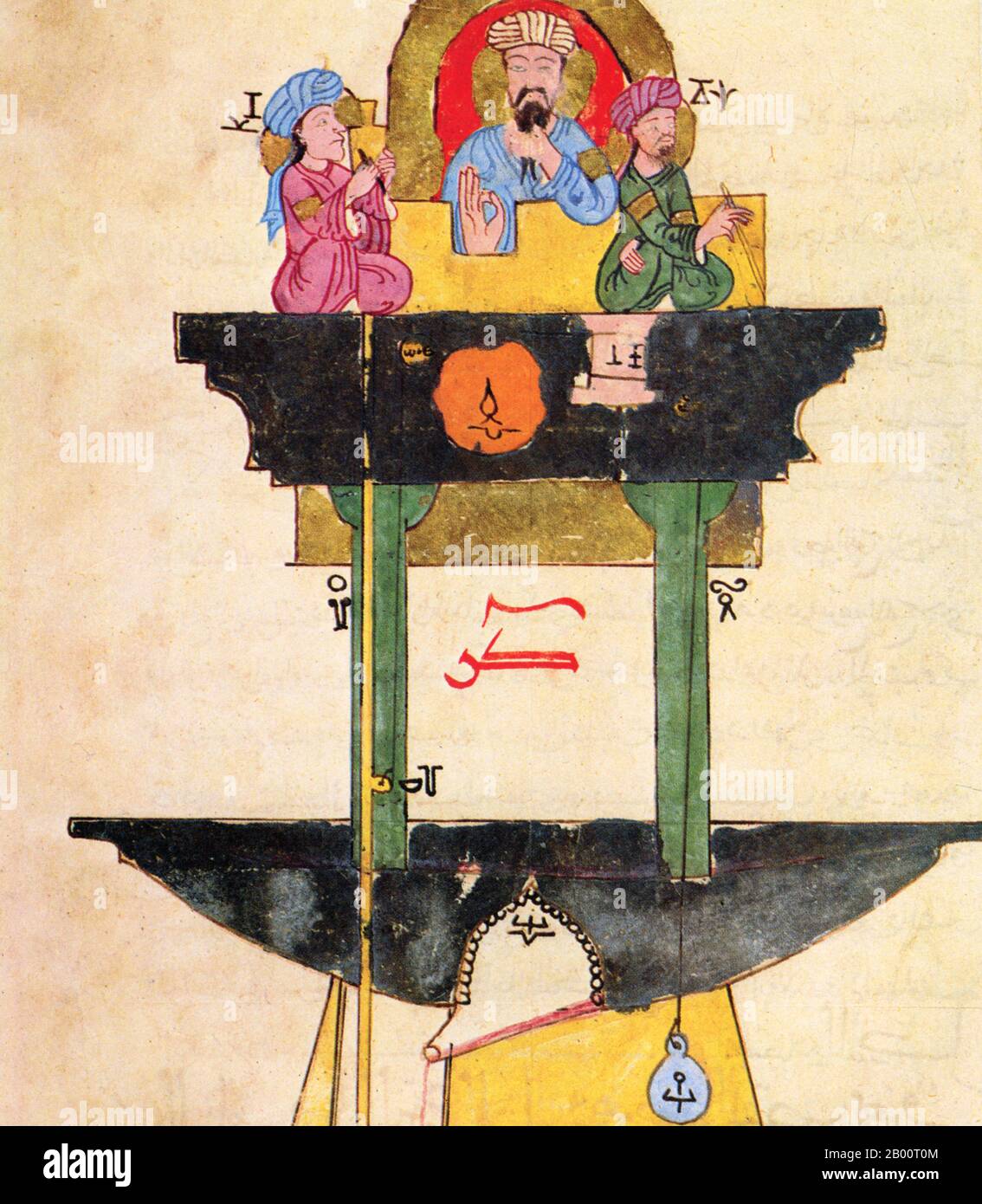 Irak: Illustration aus Al Jazaris 'Buch des Wissens über geniale mechanische Geräte', 1206. Über Al-Jazari ist wenig bekannt, und das meiste davon stammt aus der Einleitung zu seinem ‘Buch des Wissens über geniale mechanische Geräte’ (Kitab Fi ma'rifat al-hiyal al-handasiyya). Er wurde nach dem Gebiet benannt, in dem er geboren wurde, Al-Jazira, der traditionelle arabische Name für das, was war Nord-Mesopotamien und was ist jetzt nordwestlichen Irak und nordöstlichen Syrien, zwischen dem Tigris und Euphrat. Stockfoto