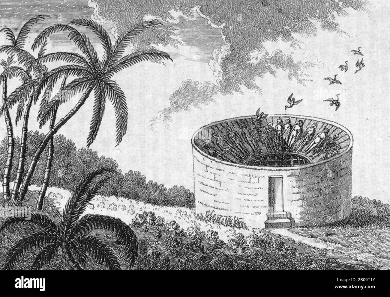 Indien/Großbritannien: 'Bombay, das Parsee-Repository für ihre Toten'. Illustration von John Henry Grose (fl. 1750-1783), 1722. "Eine Reise nach Ostindien; mit authentischen Berichten der Mogulregierung im Allgemeinen, die Vizekönige der Dekan und Bengalen, mit ihren mehreren untergeordneten Abhängigkeiten". Dieses zweibändige Werk ist die dritte Auflage eines Buches, das 1757 erstmals als Einzelband veröffentlicht, 1766 auf zwei Bände erweitert und 1772 neu veröffentlicht wurde. Der Autor John Henry Grose ging im März 1750 nach Bombay (heute Mumbai), um als Diener und Schriftsteller für die British East India Company zu arbeiten. Stockfoto