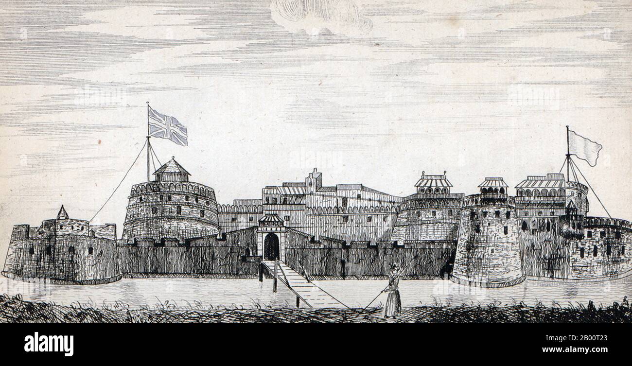 Indien/Großbritannien: 'Die Ostansicht von Surat Castle'. Illustration von John Henry Grose (fl. 1750-1783), 1722. "Eine Reise nach Ostindien; mit authentischen Berichten der Mogulregierung im Allgemeinen, die Vizekönige der Dekan und Bengalen, mit ihren mehreren untergeordneten Abhängigkeiten". Dieses zweibändige Werk ist die dritte Auflage eines Buches, das 1757 erstmals als Einzelband veröffentlicht, 1766 auf zwei Bände erweitert und 1772 neu veröffentlicht wurde. Der englische Autor John Henry Grose ging im März 1750 nach Bombay (heute Mumbai), um als Diener und Schriftsteller für die British East India Company zu arbeiten. Stockfoto