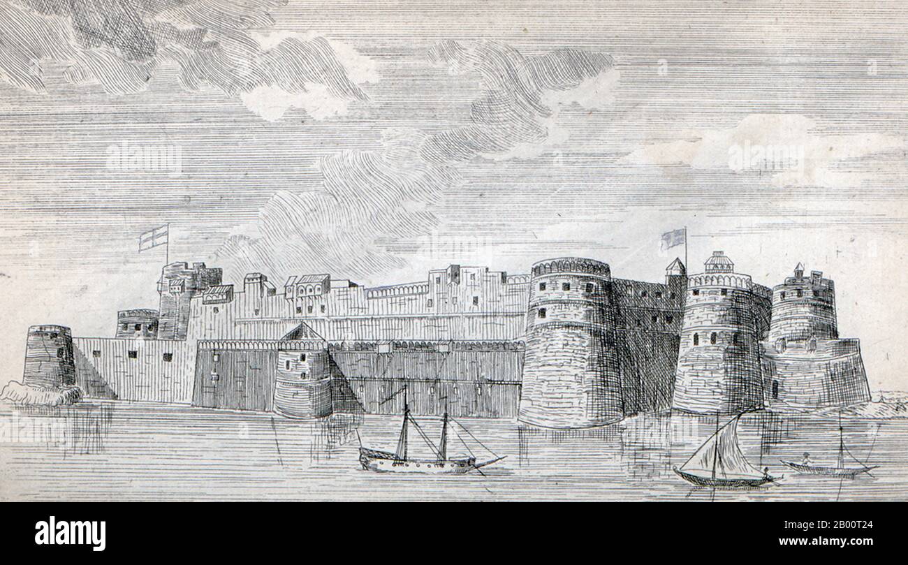 Indien/Großbritannien: 'The West View of Surat Castle'. Illustration von John Henry Grose (fl. 1750-1783), 1722. "Eine Reise nach Ostindien; mit authentischen Berichten der Mogulregierung im Allgemeinen, die Vizekönige der Dekan und Bengalen, mit ihren mehreren untergeordneten Abhängigkeiten". Dieses zweibändige Werk ist die dritte Auflage eines Buches, das 1757 erstmals als Einzelband veröffentlicht, 1766 auf zwei Bände erweitert und 1772 neu veröffentlicht wurde. Der englische Autor John Henry Grose ging im März 1750 nach Bombay (heute Mumbai), um als Diener und Schriftsteller für die British East India Company zu arbeiten. Stockfoto