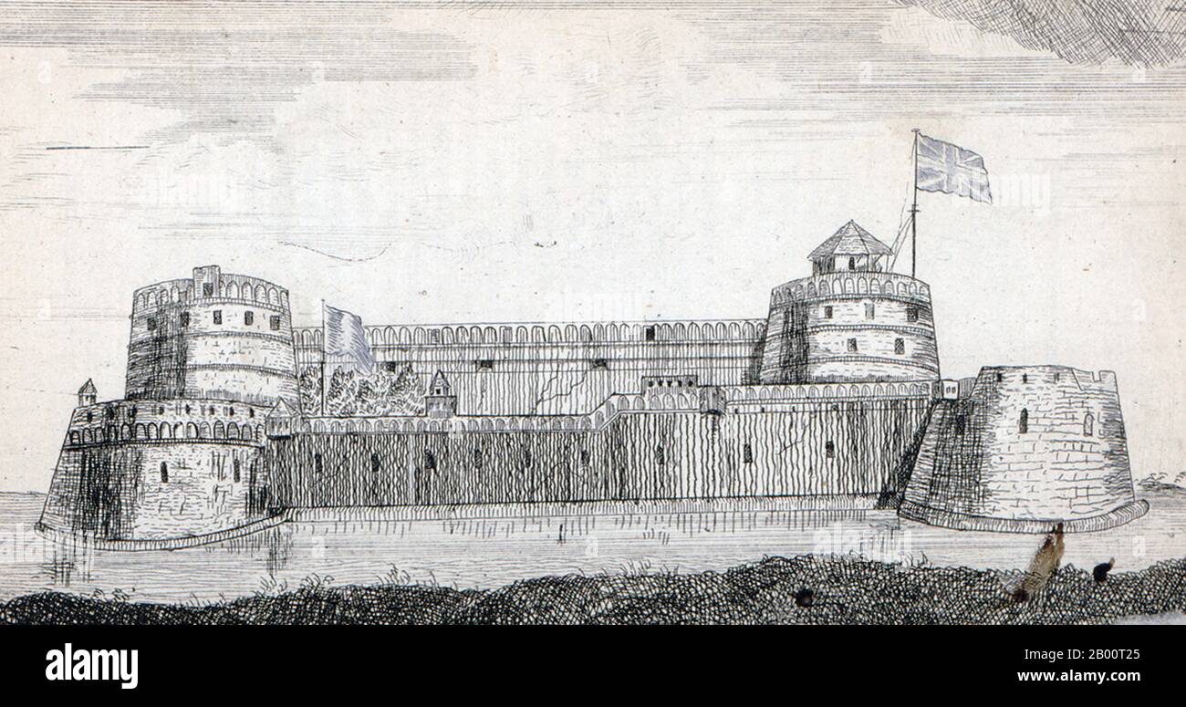 Indien/Großbritannien: 'Die Südaussicht von Surat Castle'. Illustration von John Henry Grose (fl. 1750-1783), 1722. "Eine Reise nach Ostindien; mit authentischen Berichten der Mogulregierung im Allgemeinen, die Vizekönige der Dekan und Bengalen, mit ihren mehreren untergeordneten Abhängigkeiten". Dieses zweibändige Werk ist die dritte Auflage eines Buches, das 1757 erstmals als Einzelband veröffentlicht, 1766 auf zwei Bände erweitert und 1772 neu veröffentlicht wurde. Der englische Autor John Henry Grose ging im März 1750 nach Bombay (heute Mumbai), um als Diener und Schriftsteller für die British East India Company zu arbeiten. Stockfoto